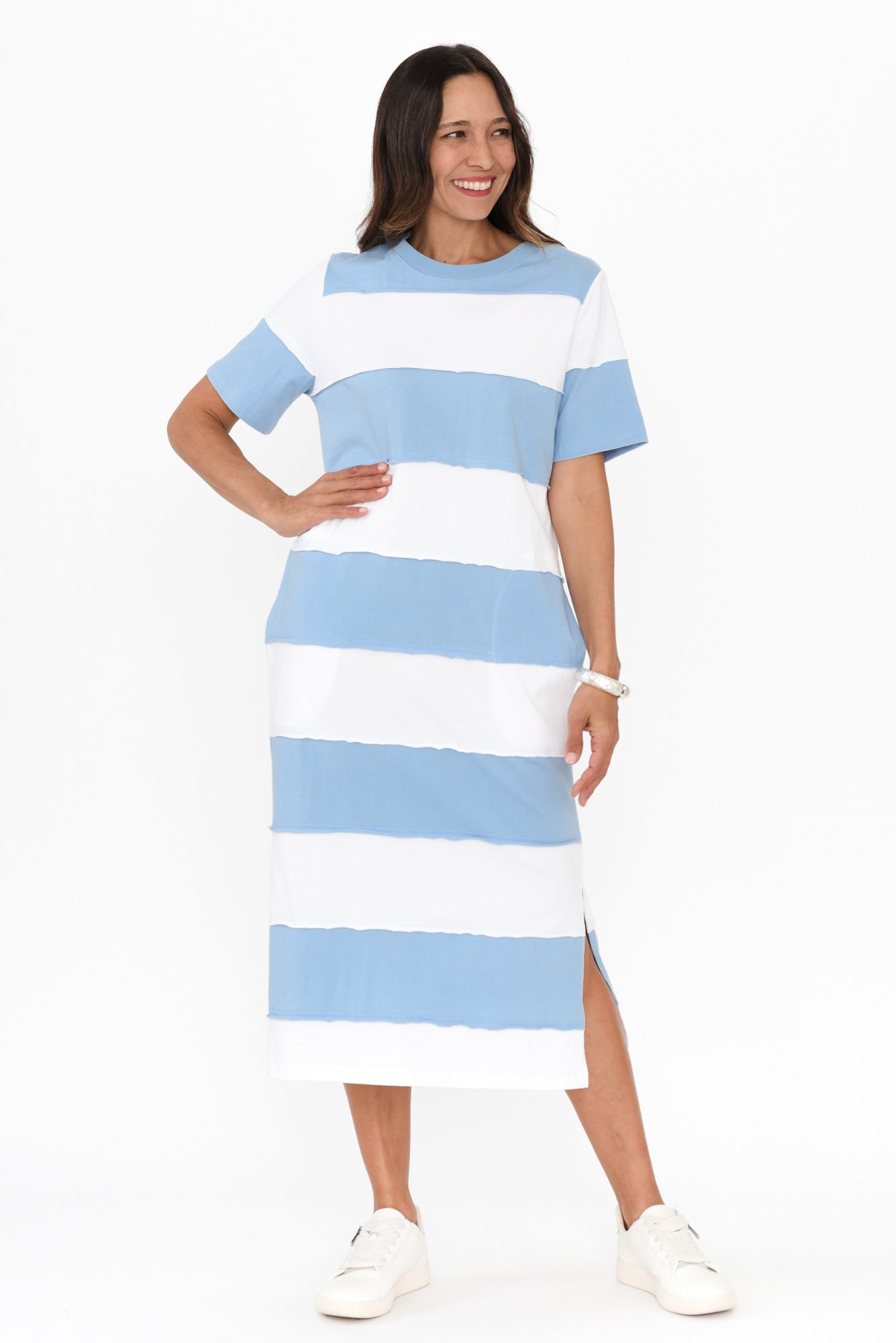 Bold Blue Stripe Cotton Tee Dress Front View 2