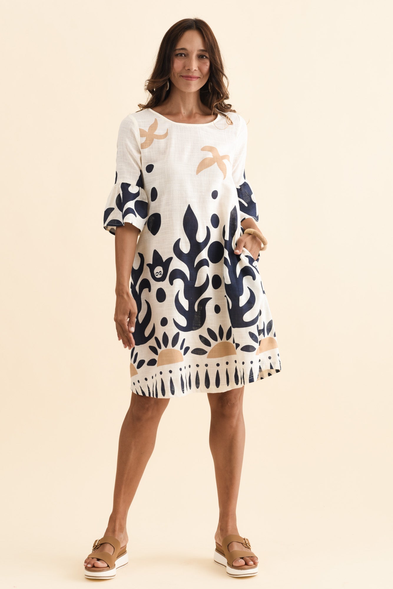 Bromley Cream Abstract Cotton Dress Front View