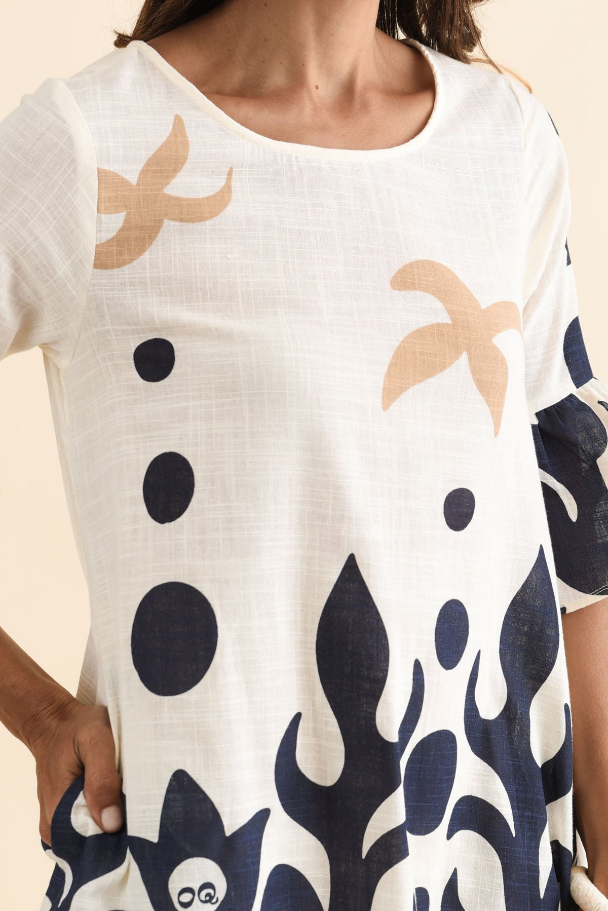 Bromley Cream Abstract Cotton Dress Full Length View