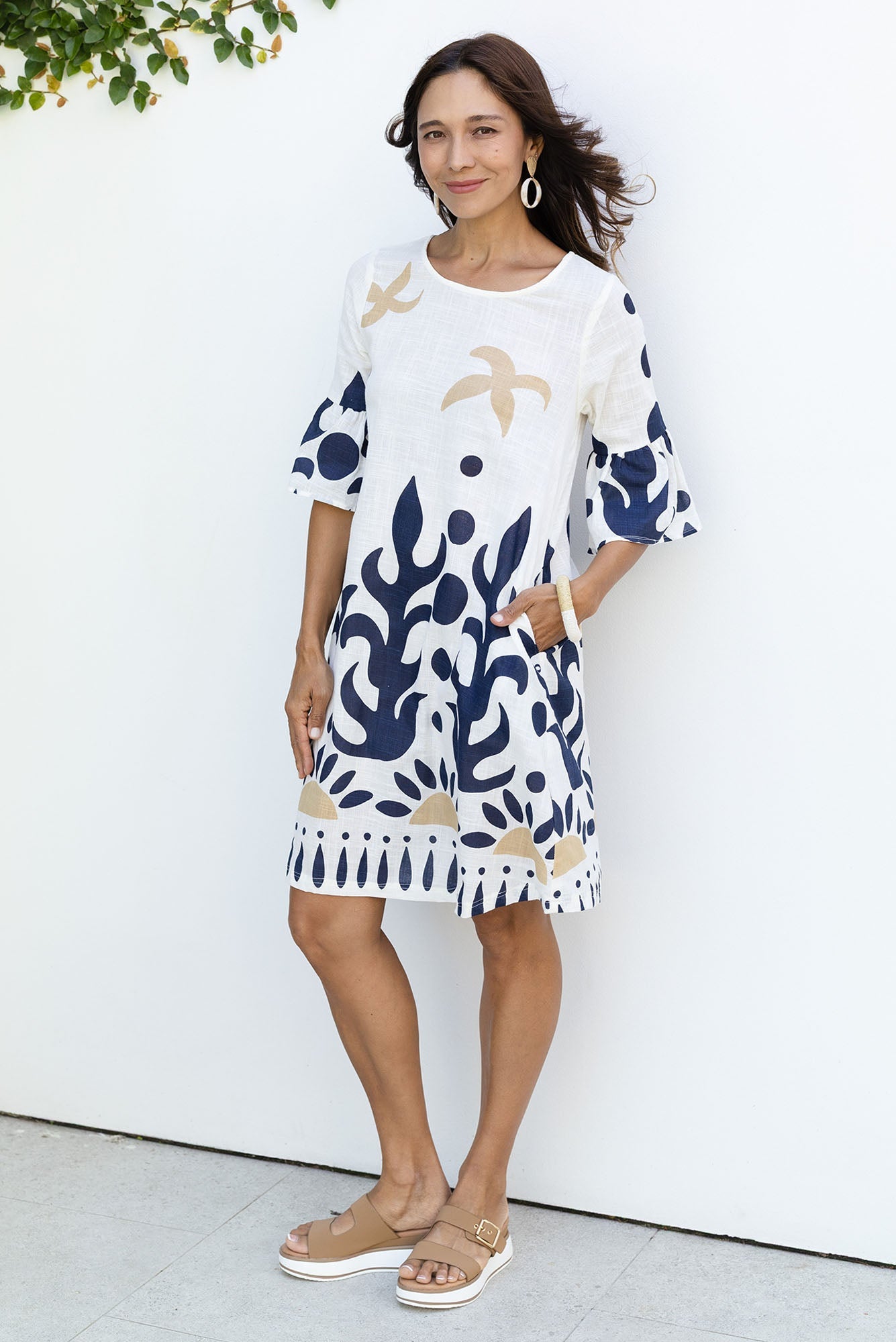 Bromley Cream Abstract Cotton Dress Front View 2