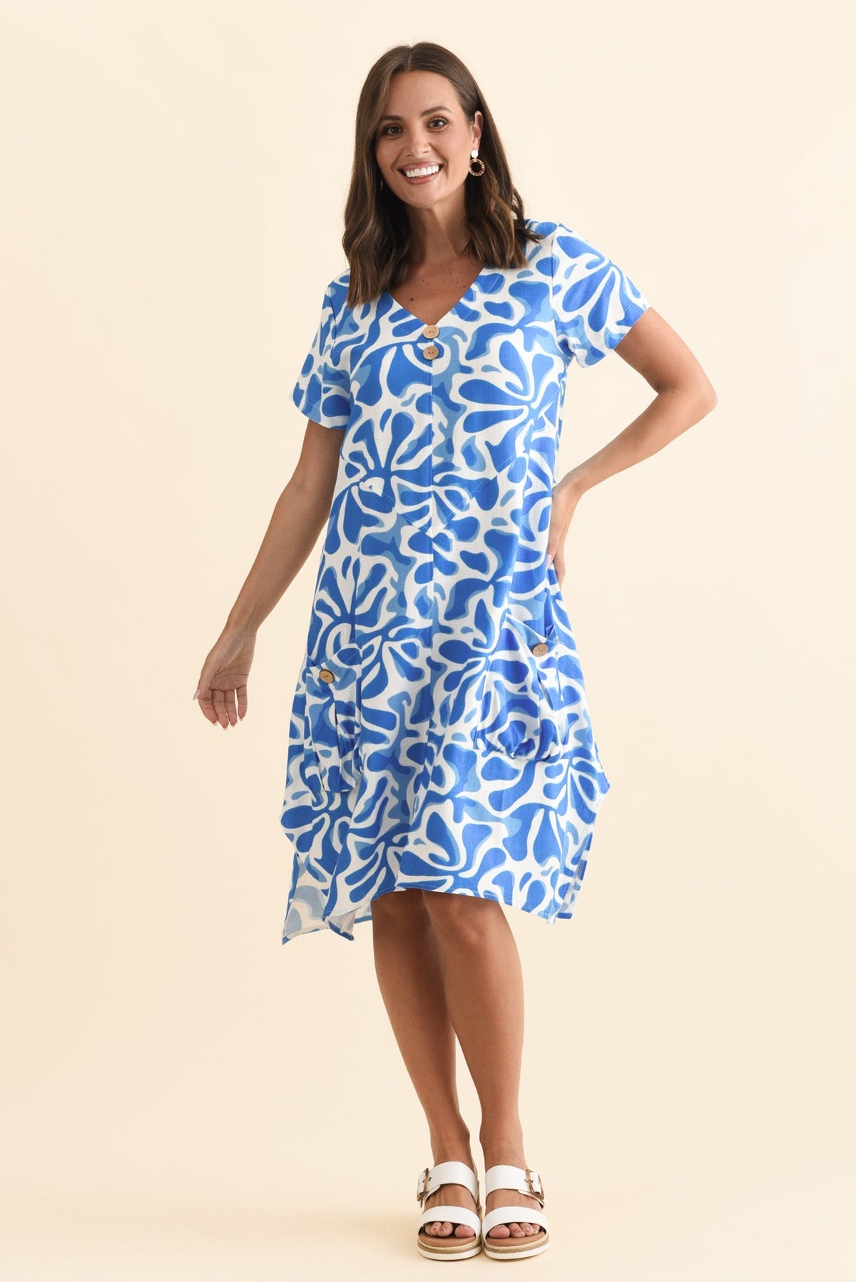 Bryant Blue Splash Linen Cotton Dress Full Length View