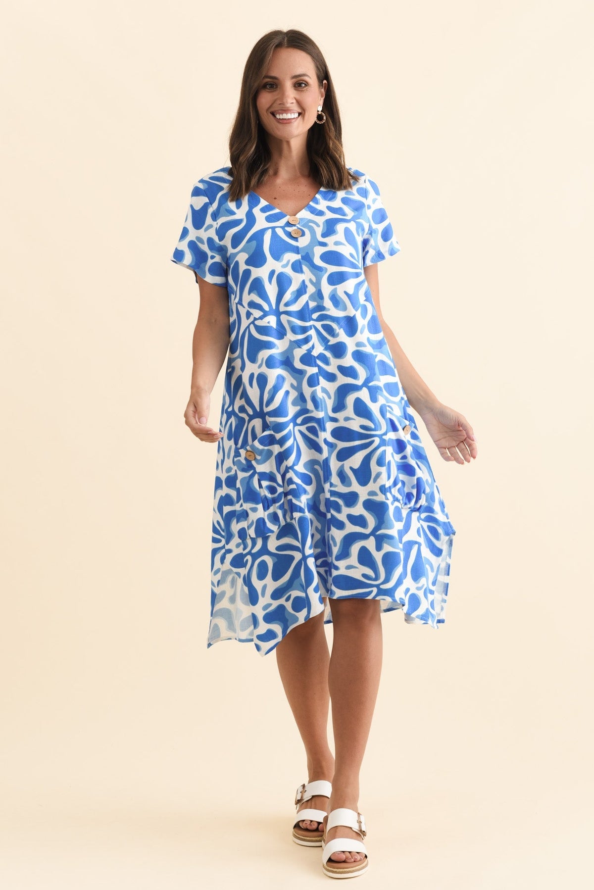 Bryant Blue Splash Linen Cotton Dress Front View 2