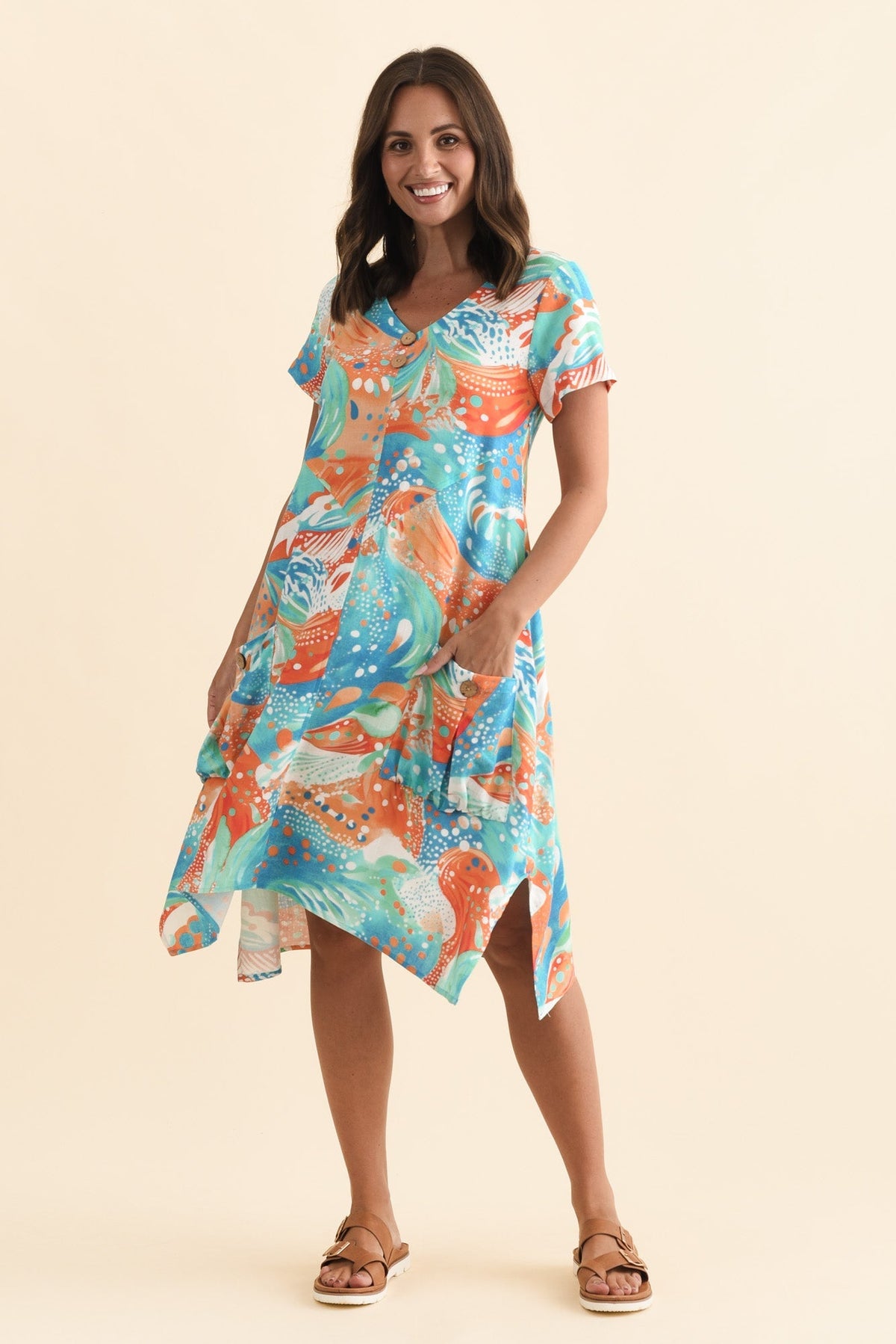 Bryant Orange Swirl Linen Cotton Dress Full Length View