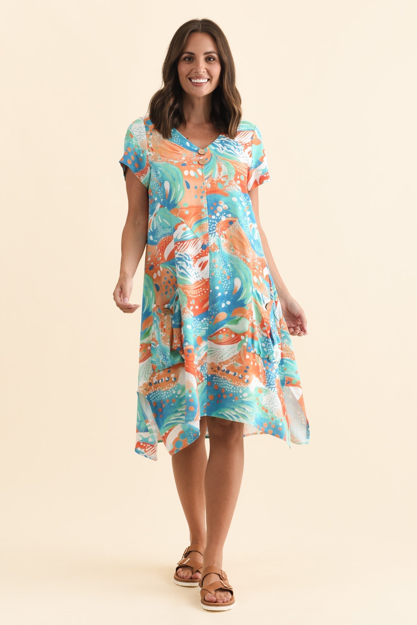 Bryant Orange Swirl Linen Cotton Dress Front View 2