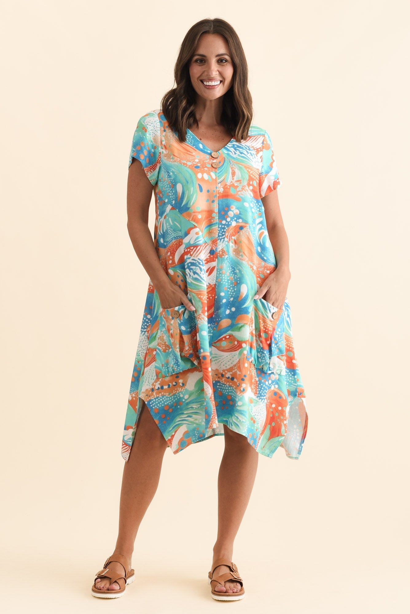 Bryant Orange Swirl Linen Cotton Dress Front View