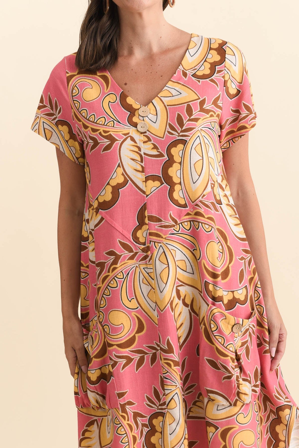 Bryant Yellow Leaf Linen Cotton Dress Detail View