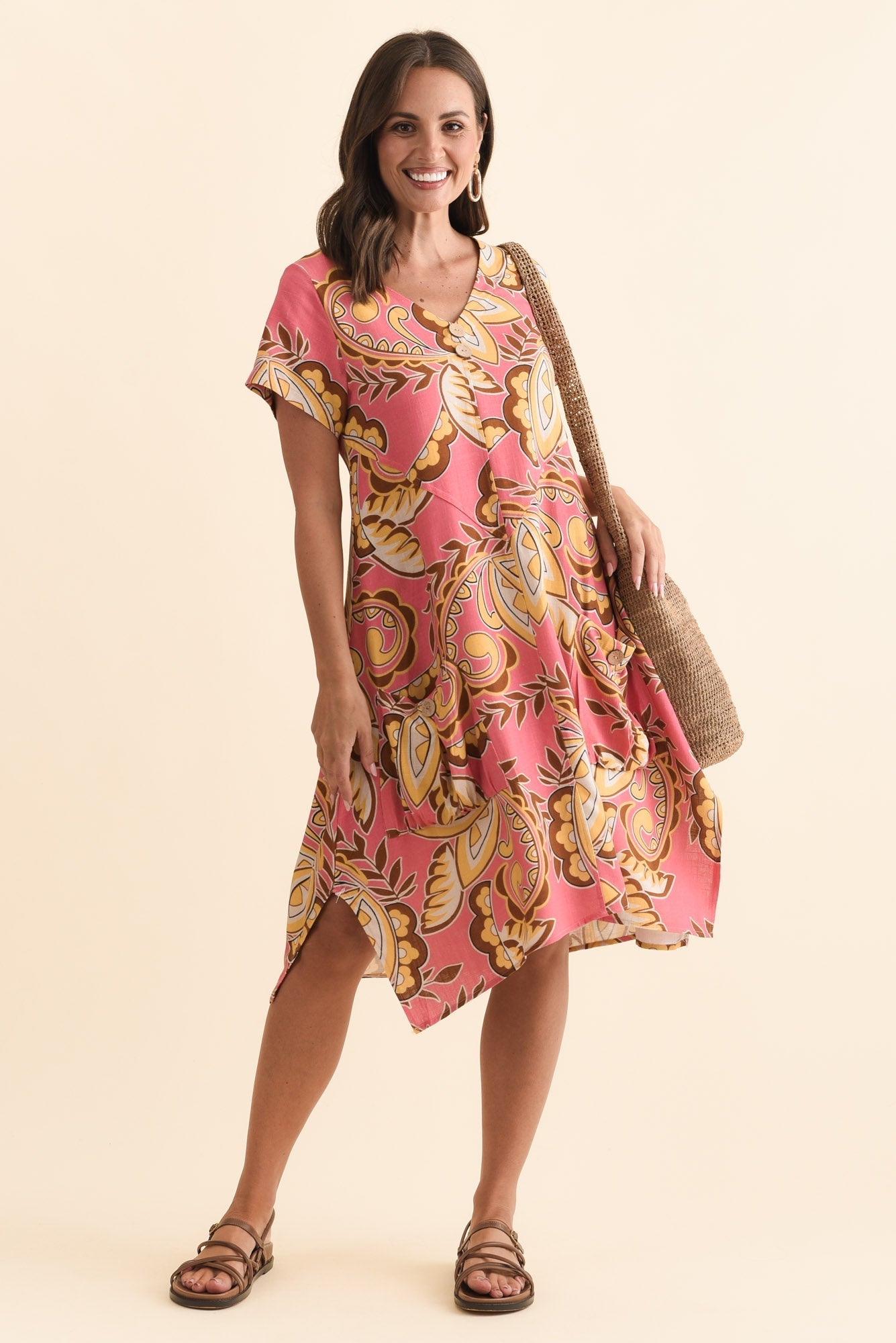 Bryant Yellow Leaf Linen Cotton Dress Front View 2