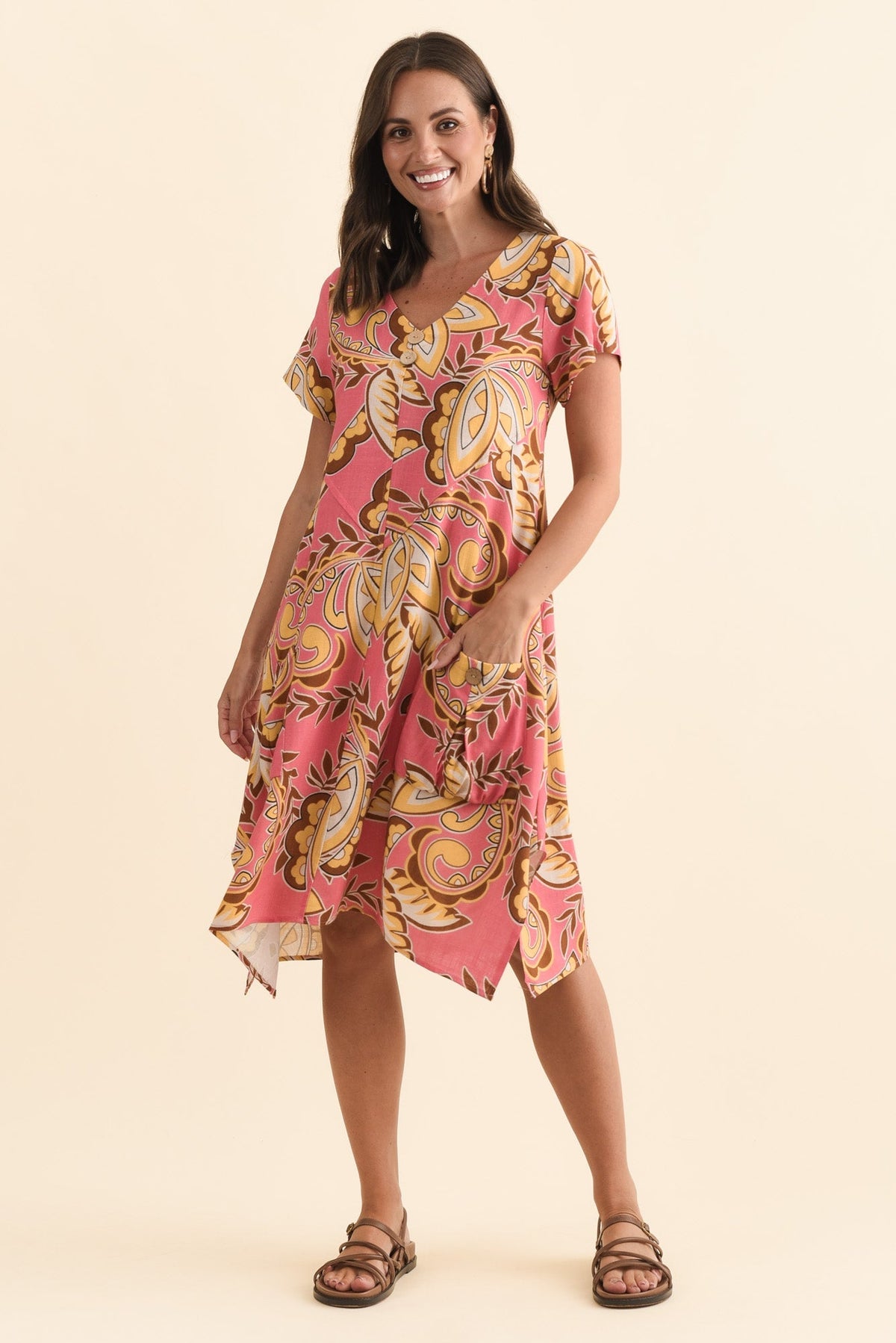 Bryant Yellow Leaf Linen Cotton Dress Front View
