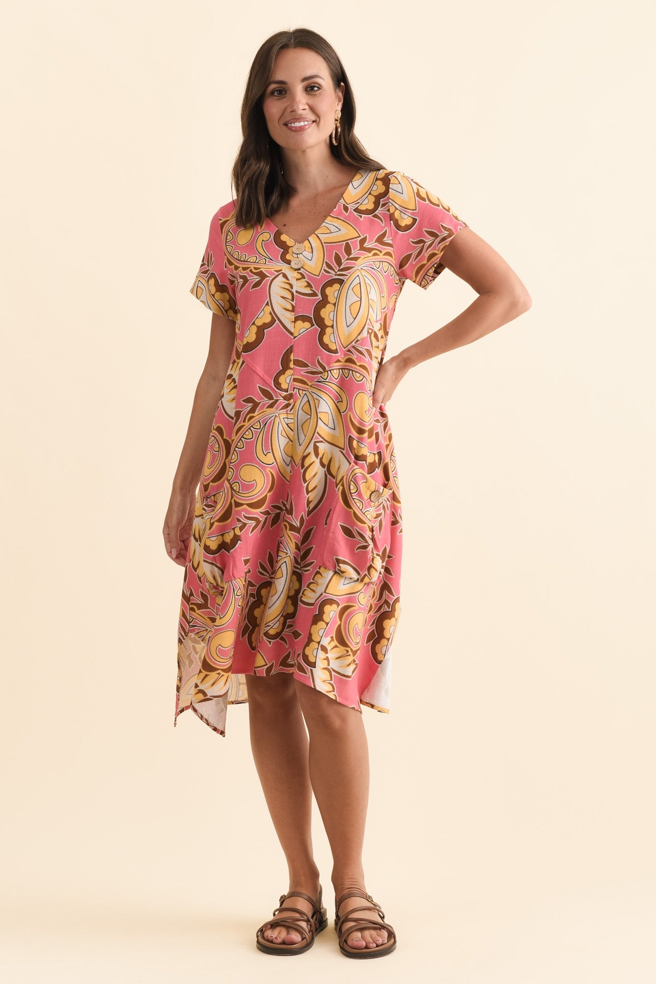 Bryant Yellow Leaf Linen Cotton Dress Full Length View