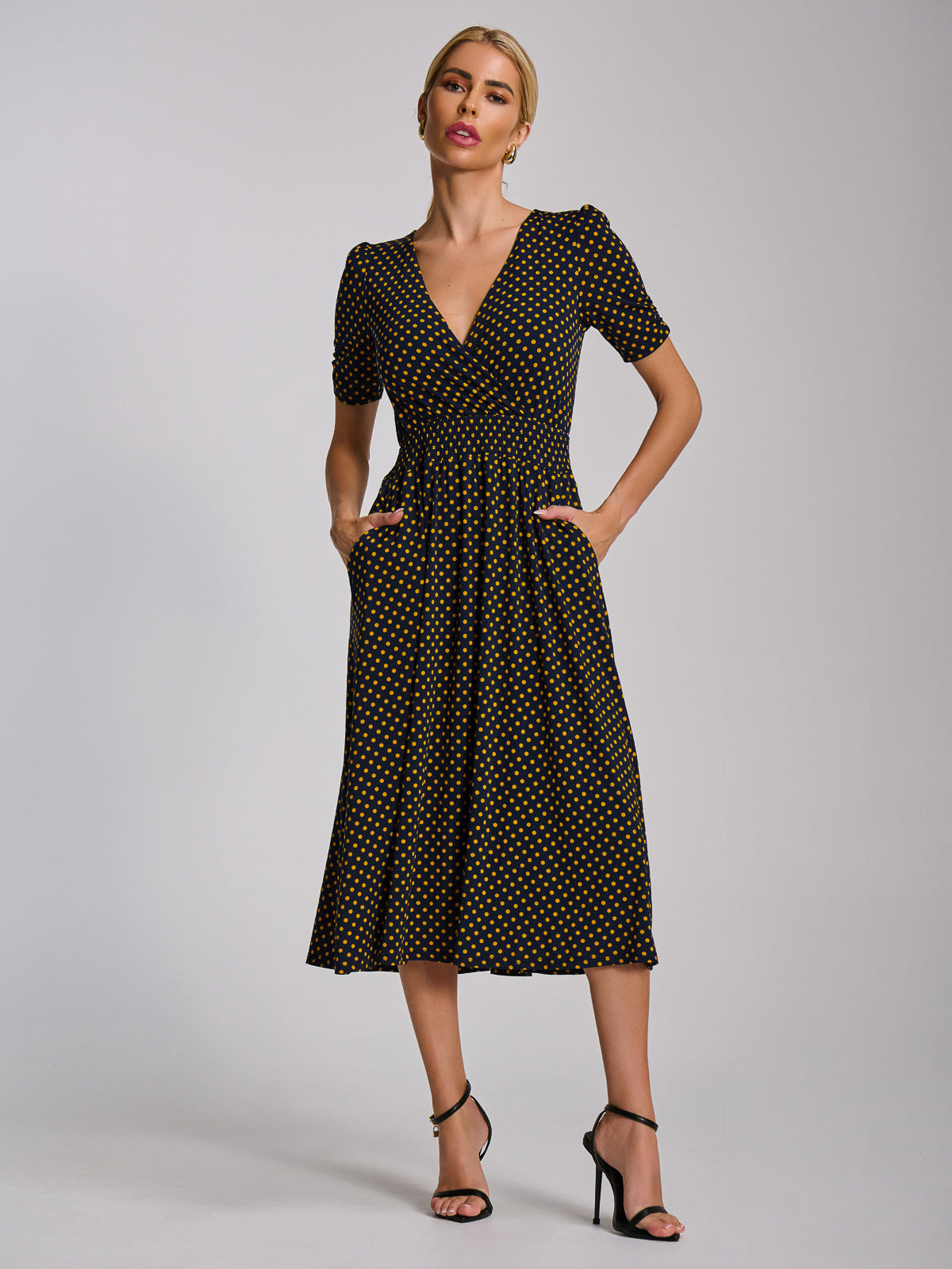 Anneli | Women's Mesh Long Puff-Sleeve Wrap Midi Dress