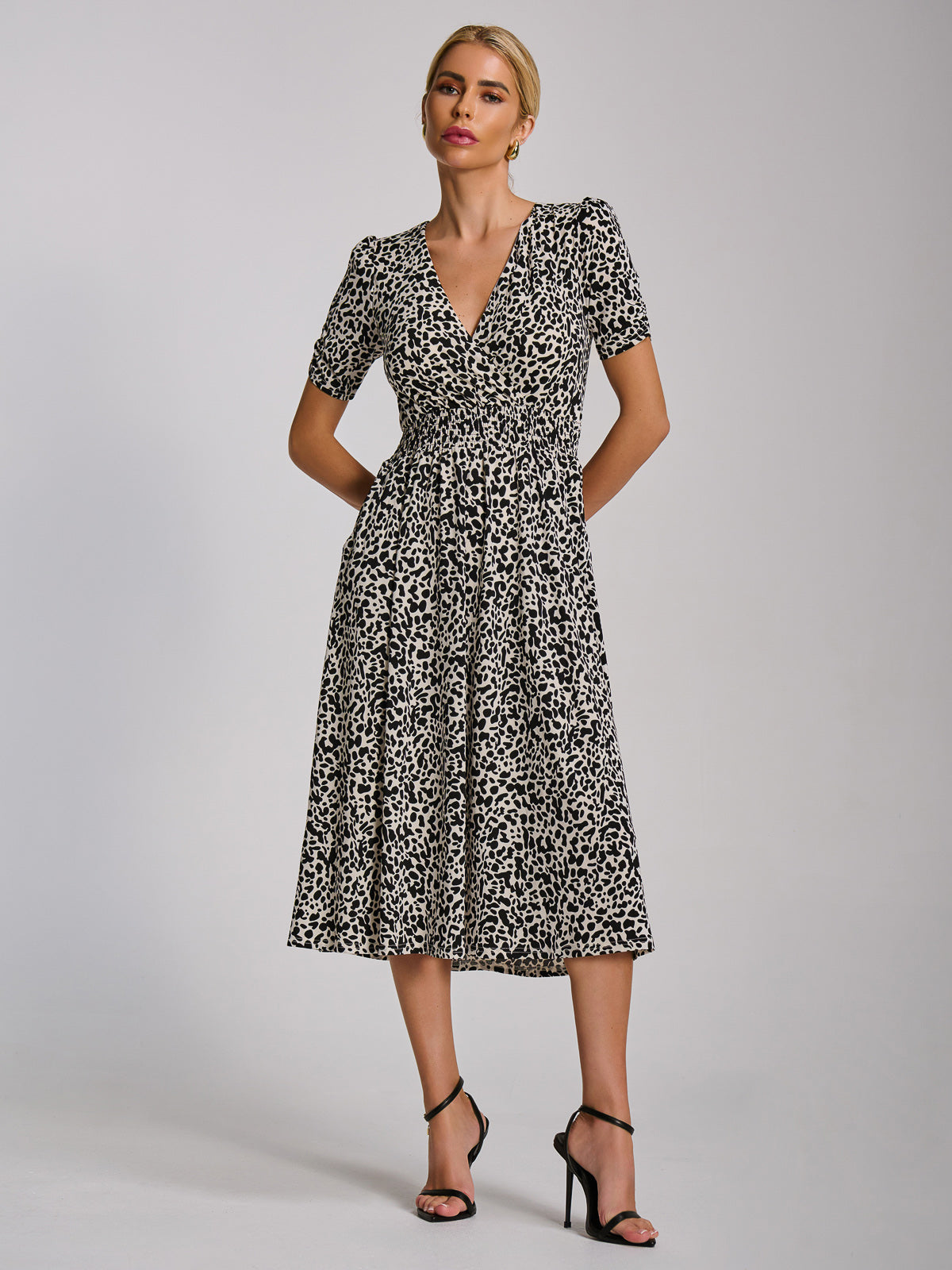 Short Sleeve Printed Jersey Midi Dress WHITE ANIMAL Styled View