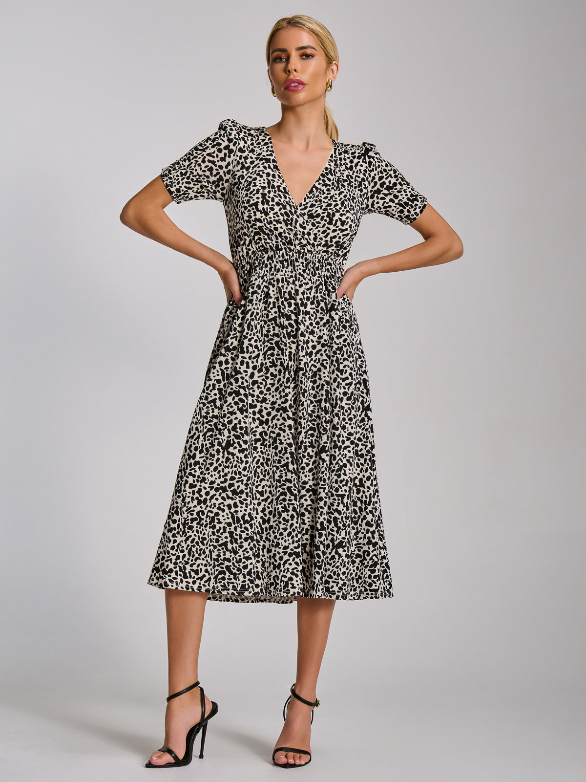 Short Sleeve Printed Jersey Midi Dress WHITE ANIMAL Front View