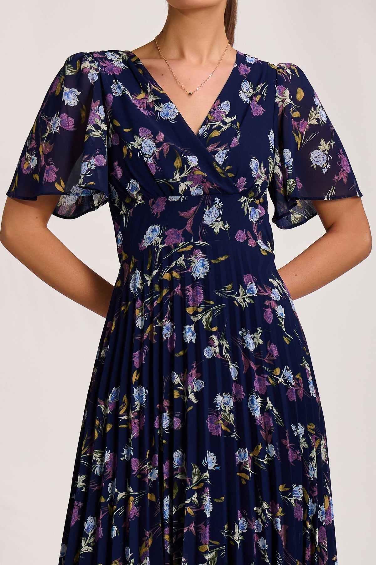 Printed Chiffon Pleated Maxi Dress Front View 2