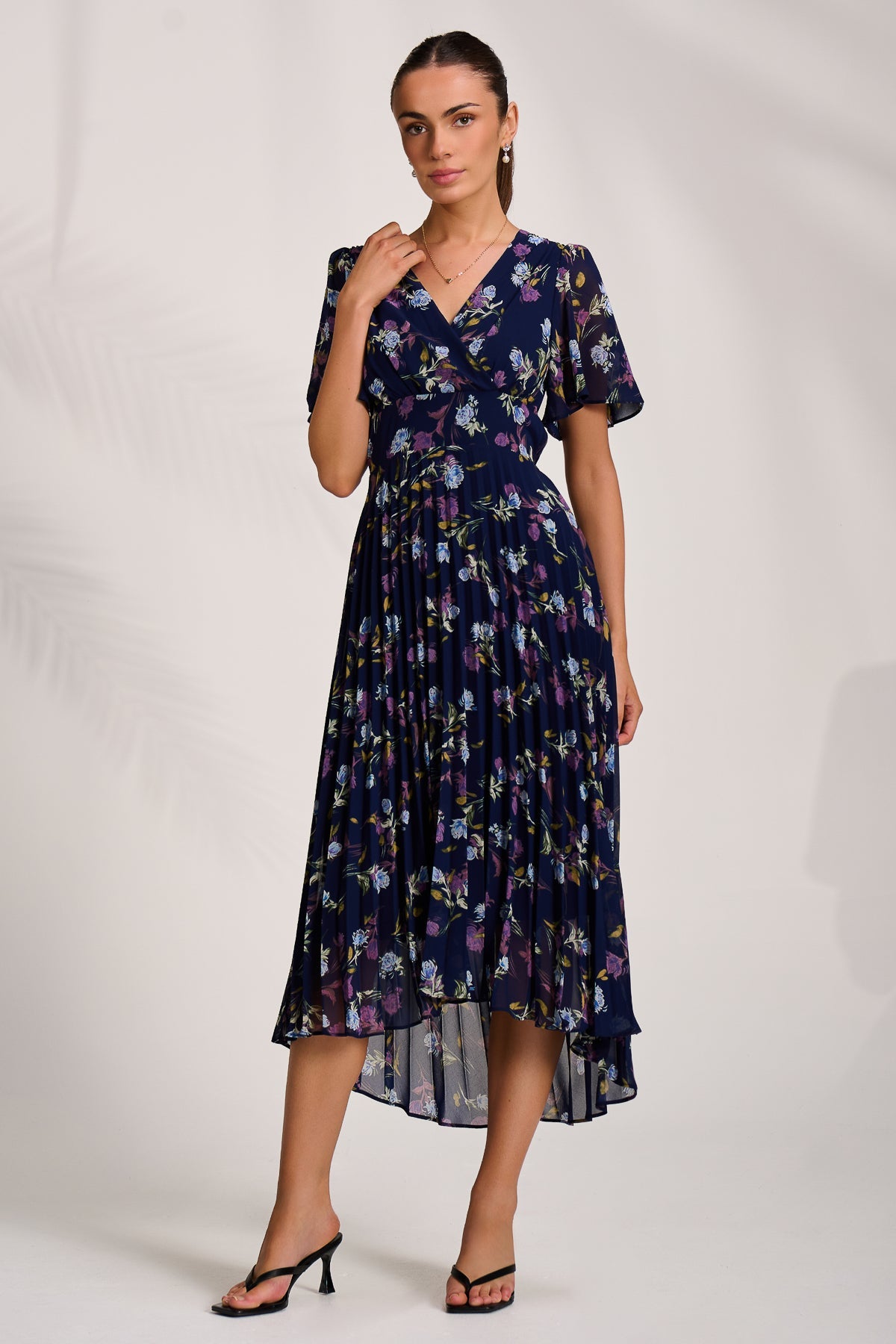 Printed Chiffon Pleated Maxi Dress Front View