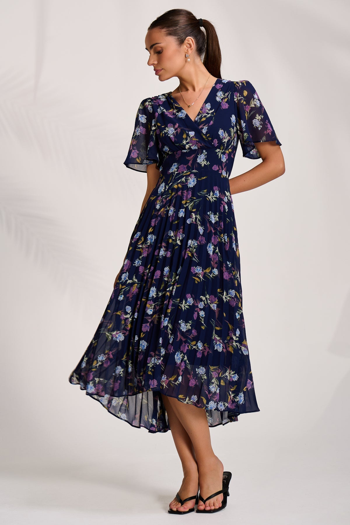 Printed Chiffon Pleated Maxi Dress Back View