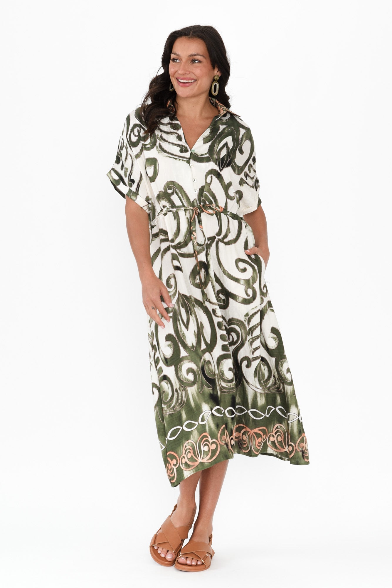 Calixta Green Abstract Pocket Dress Front View 2
