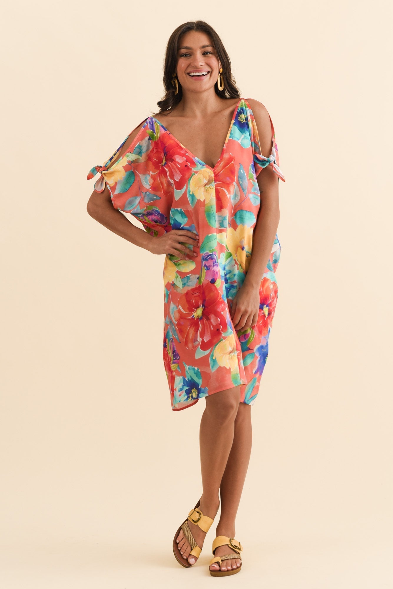 Candice Coral Bloom Cold Shoulder Kaftan Front View 2
