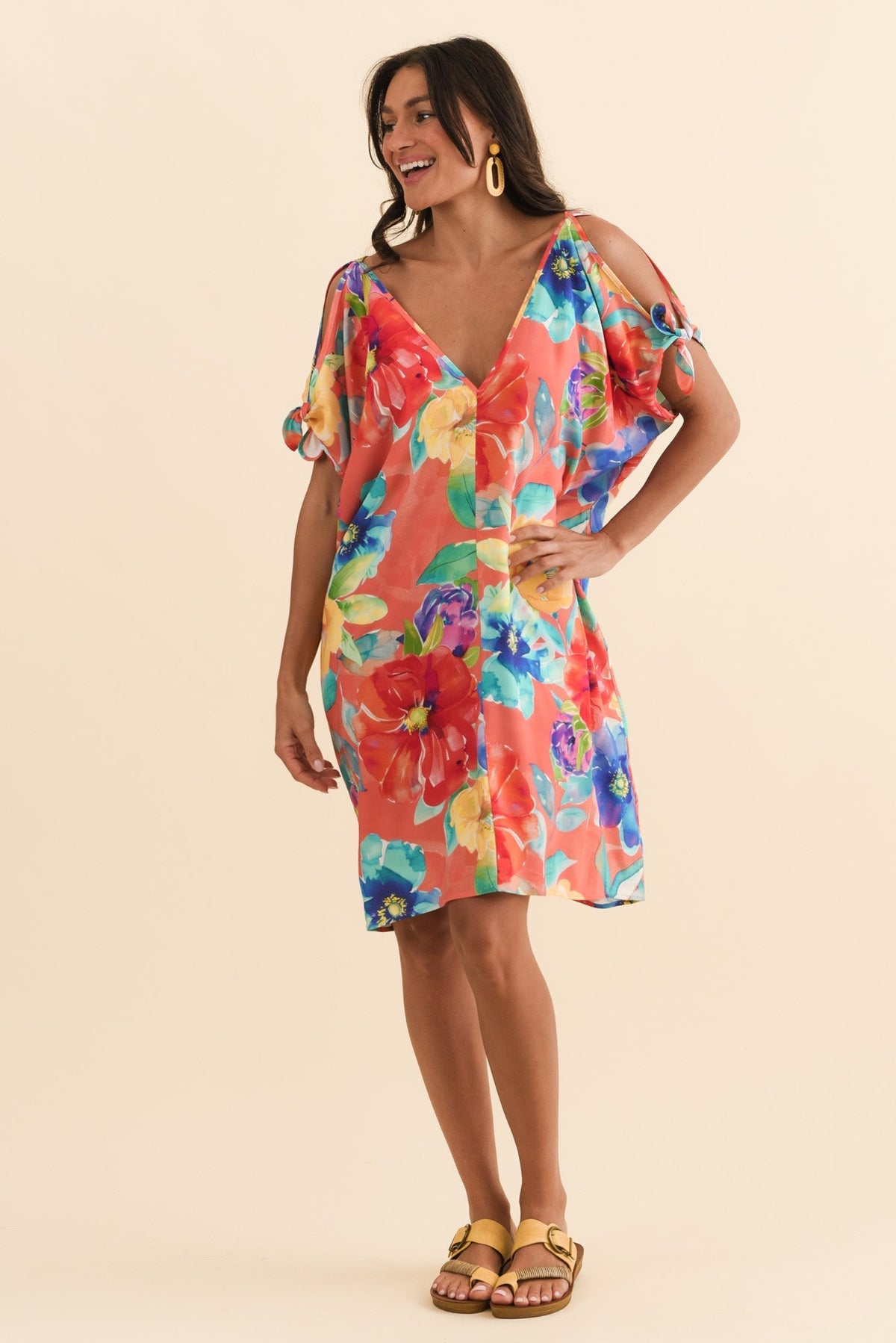 Candice Coral Bloom Cold Shoulder Kaftan Full Length View