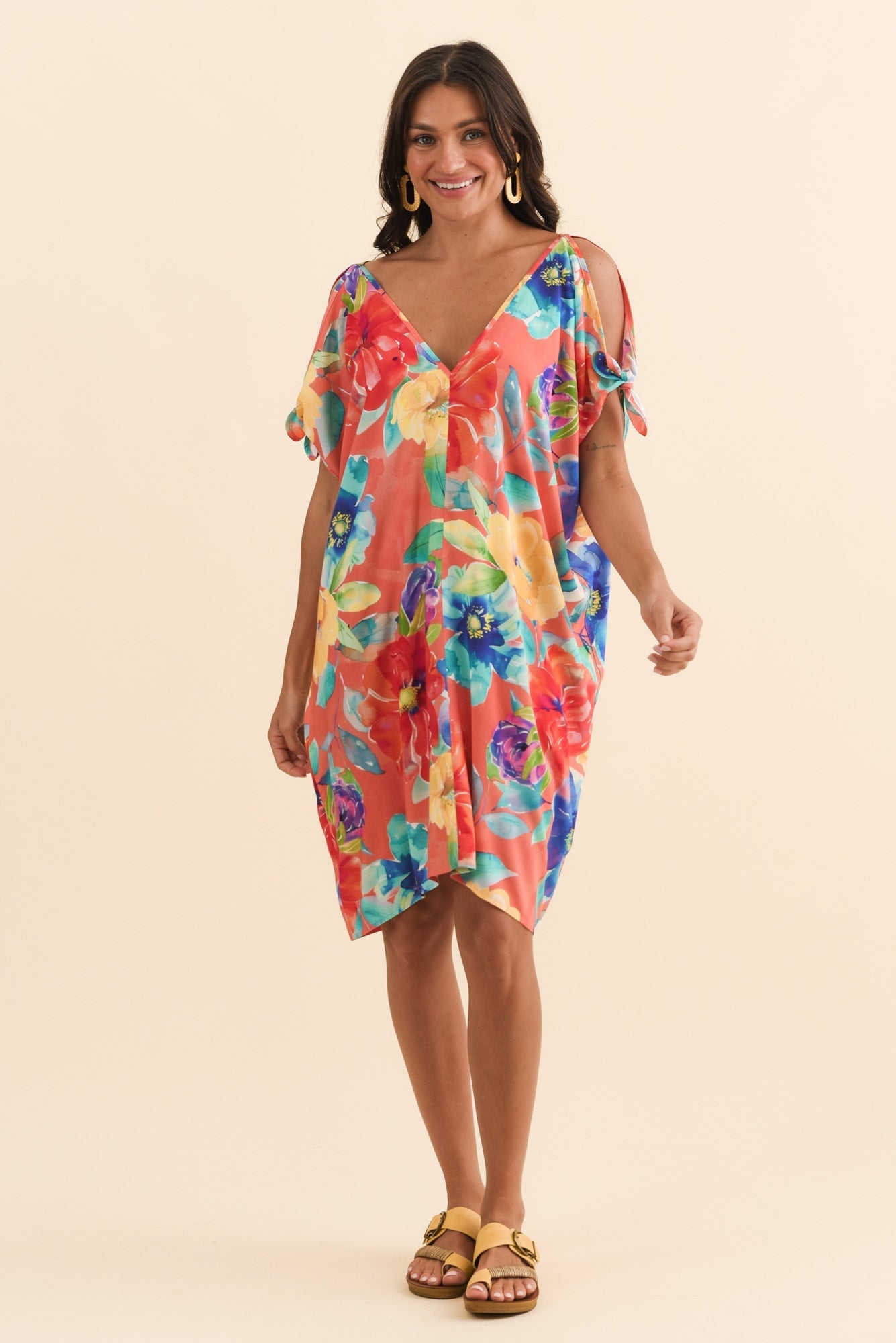 Candice Coral Bloom Cold Shoulder Kaftan Front View