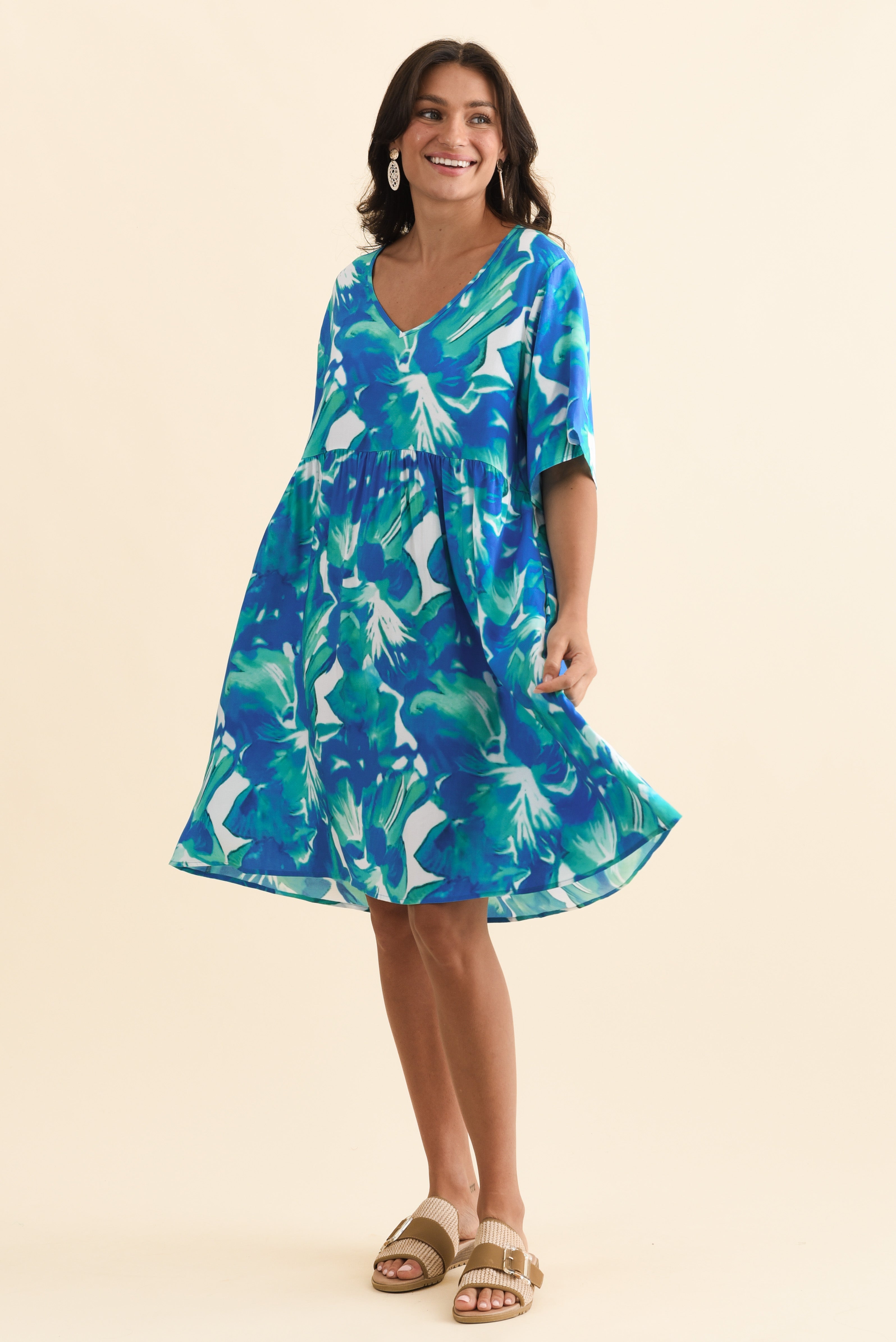 Carlita Green Watercolor Pocket Dress Front View