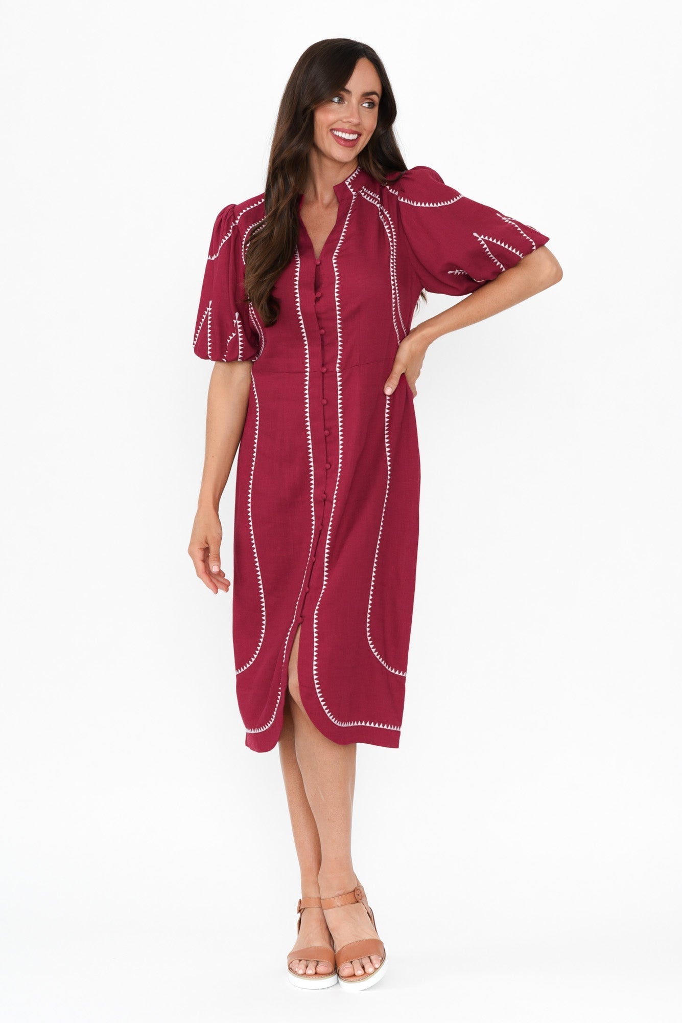 Carlyle Crimson Embroidered Linen Blend Dress Front View