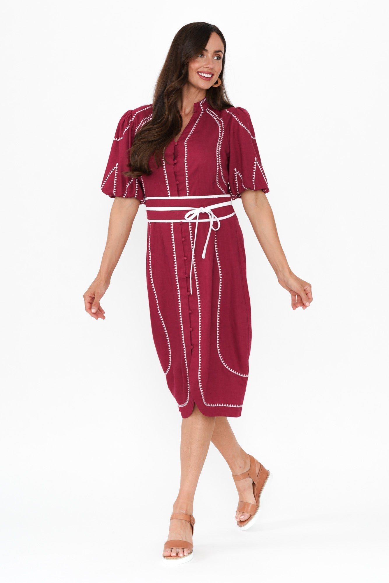 Carlyle Crimson Embroidered Linen Blend Dress Front View 2