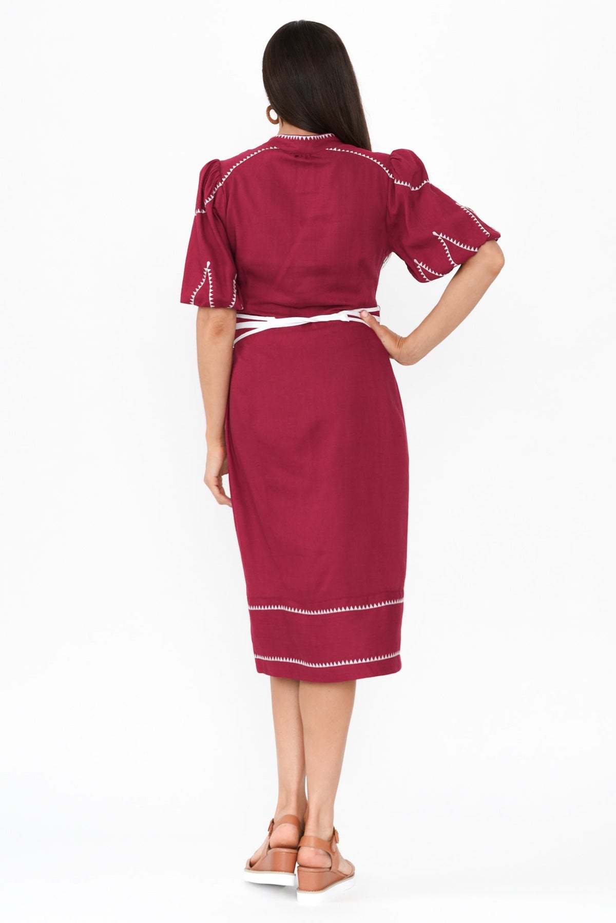 Carlyle Crimson Embroidered Linen Blend Dress Detail View