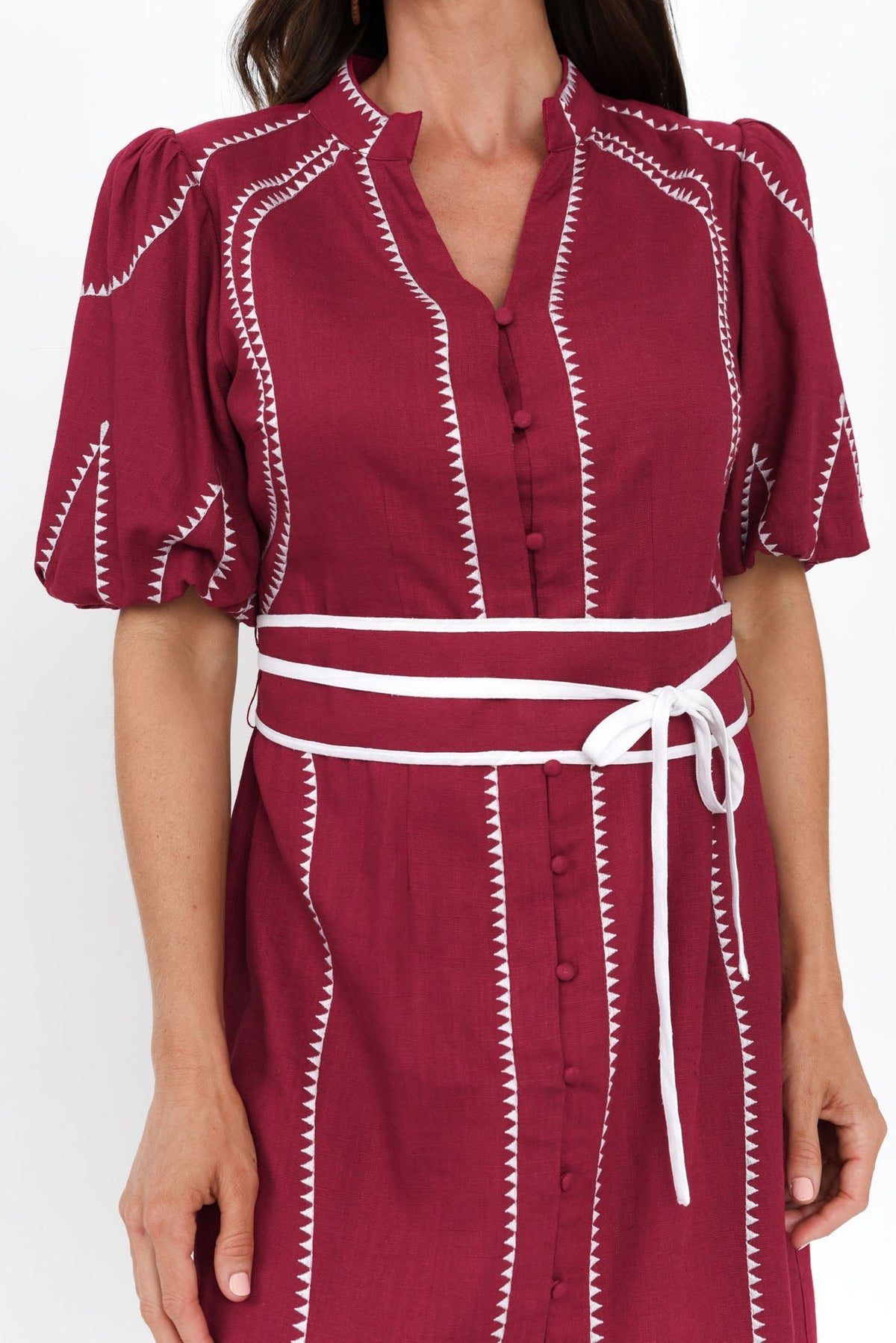 Carlyle Crimson Embroidered Linen Blend Dress Full Length View