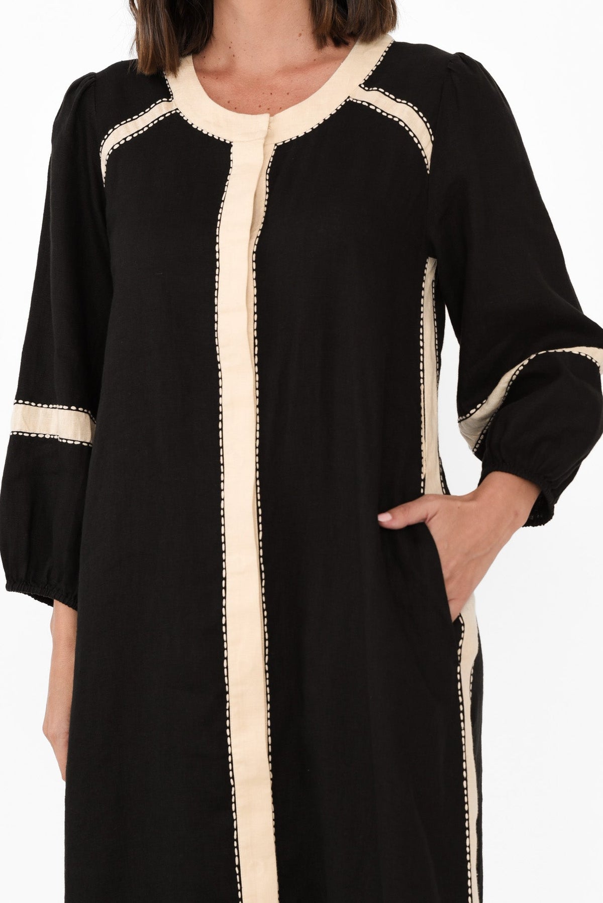Carolina Black Contrast Linen Tie Dress Detail View