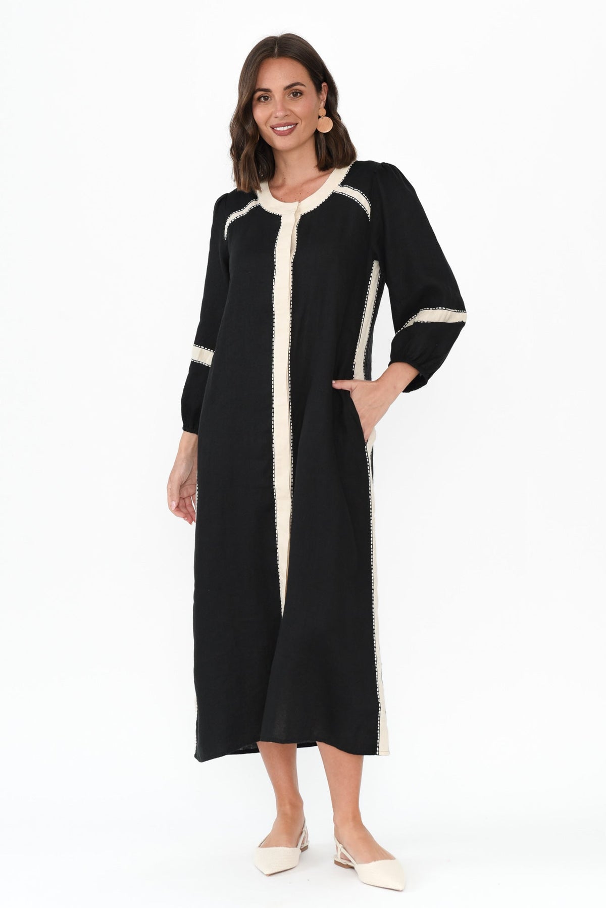 Carolina Black Contrast Linen Tie Dress Full Length View