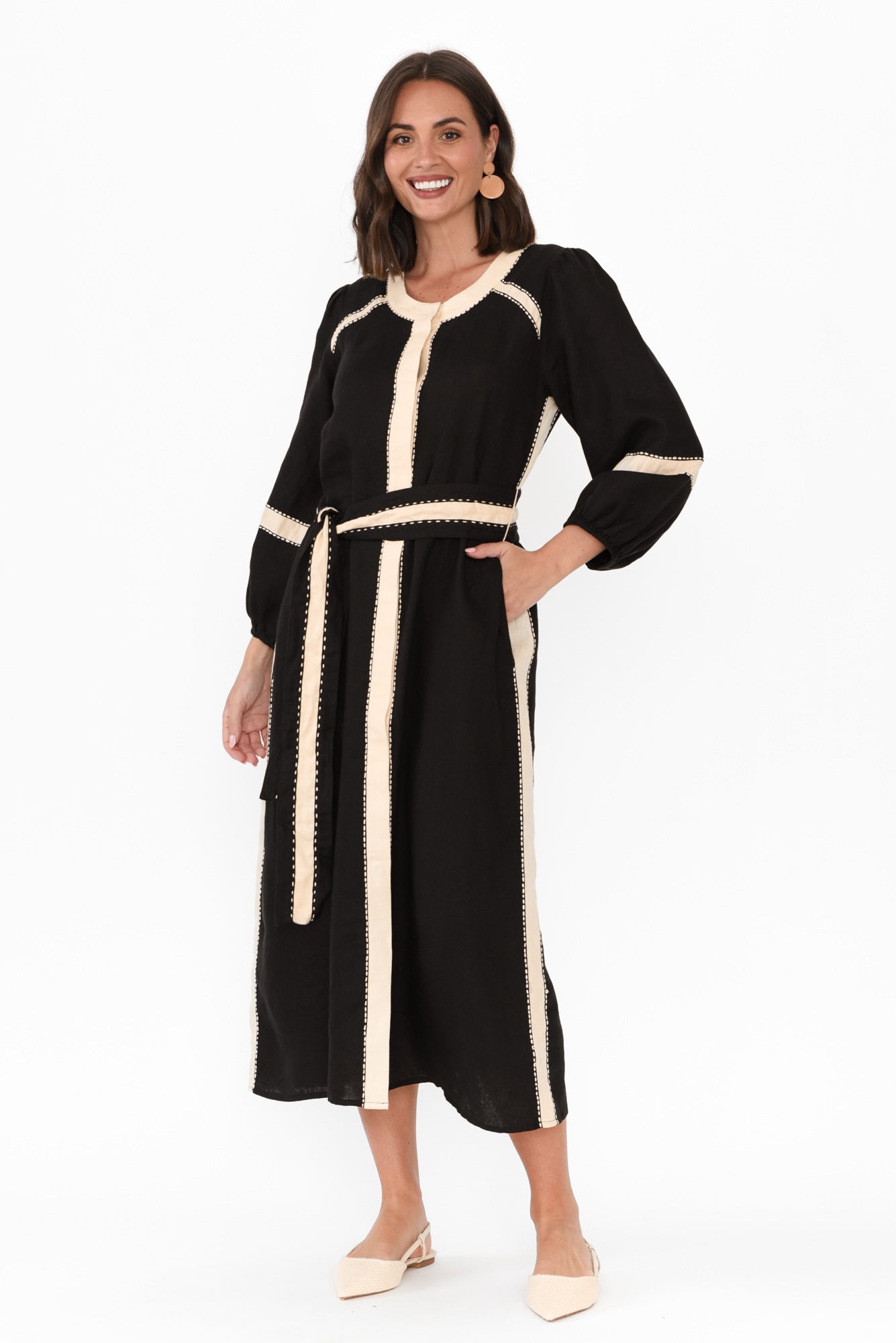 Carolina Black Contrast Linen Tie Dress Front View 2