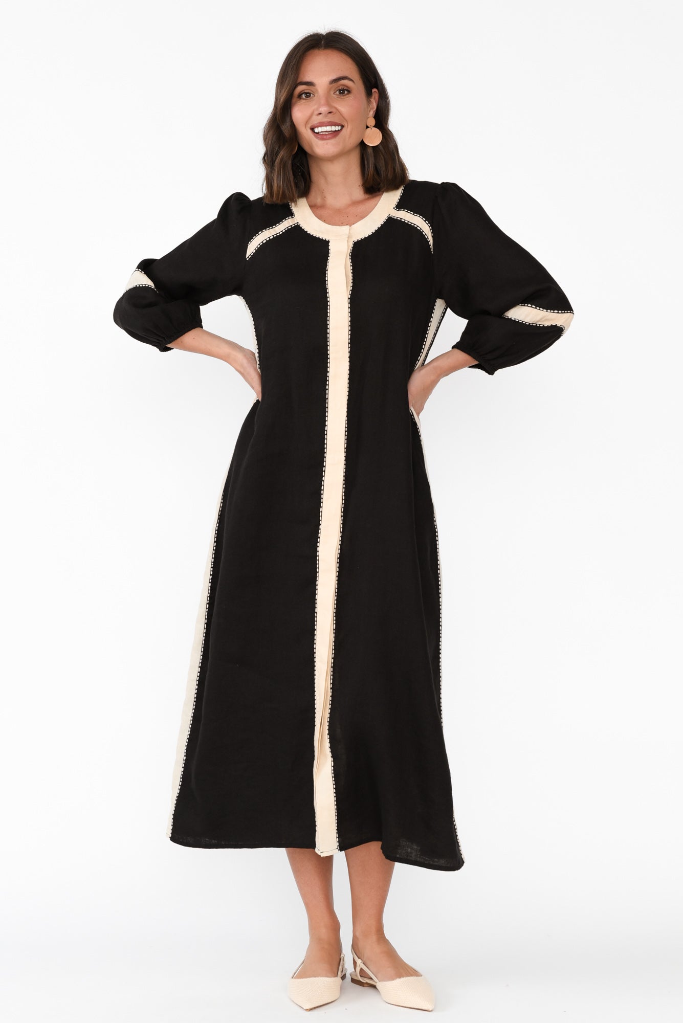 Carolina Black Contrast Linen Tie Dress Front View