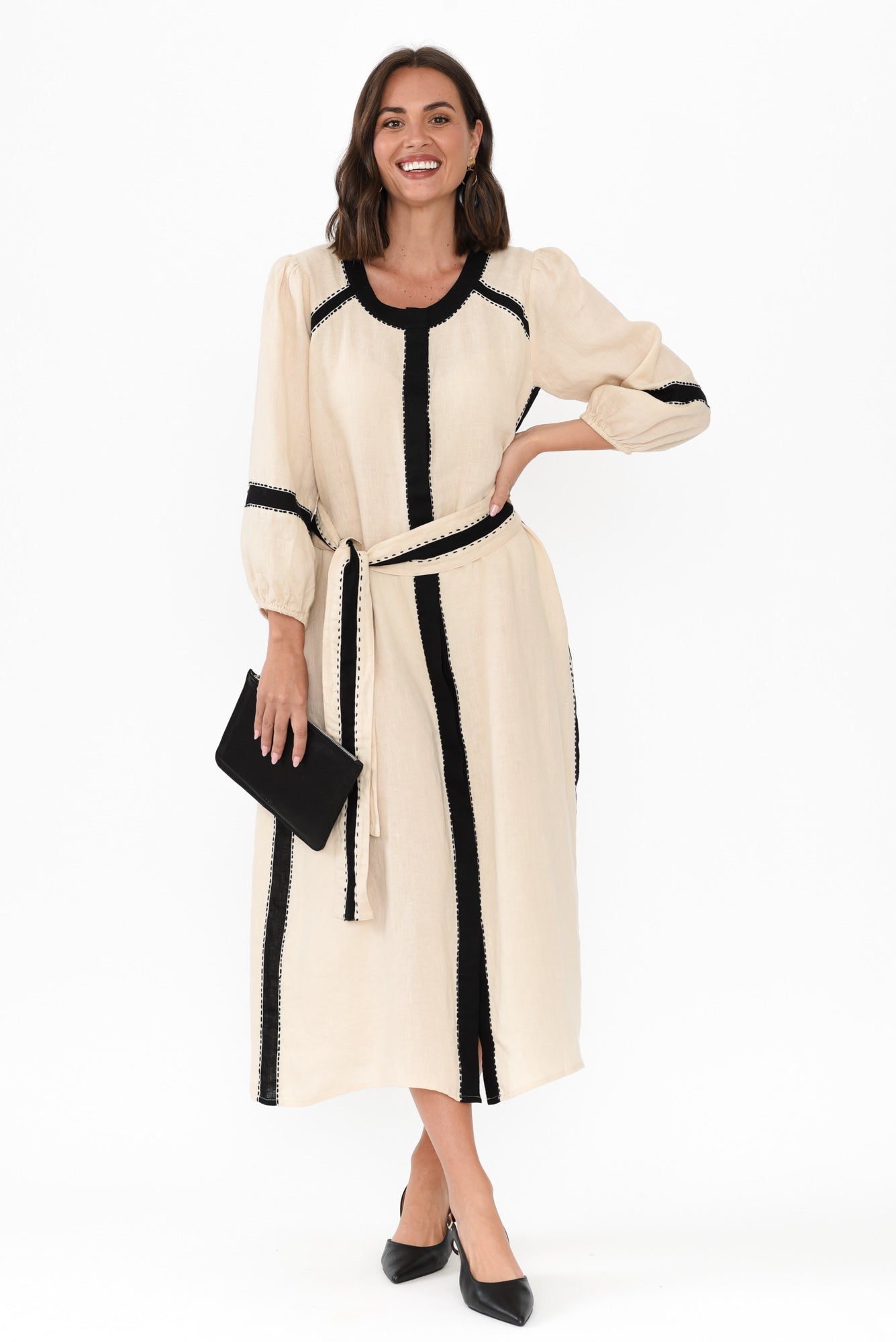 Carolina Cream Contrast Linen Tie Dress Front View 2