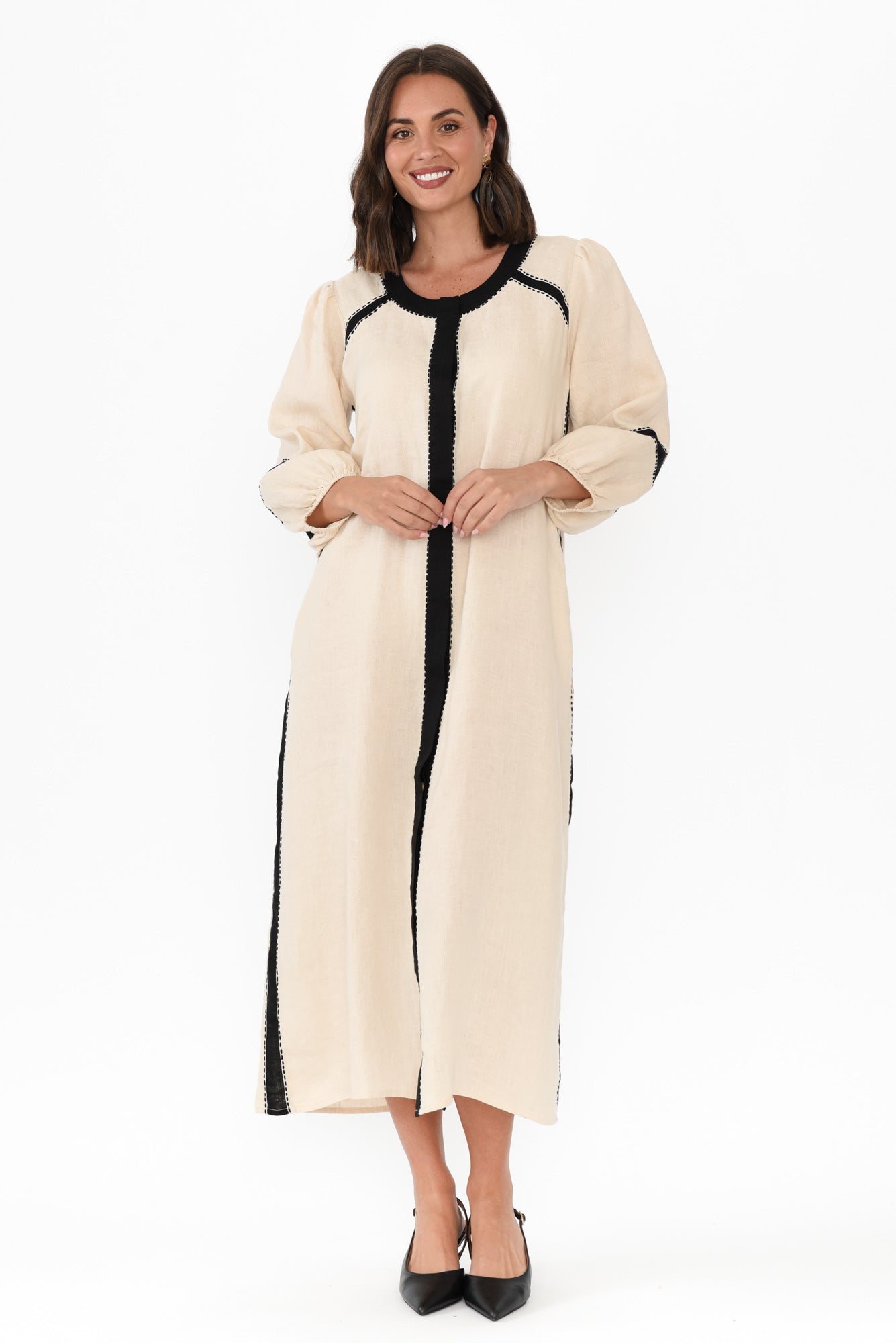 Carolina Cream Contrast Linen Tie Dress Full Length View