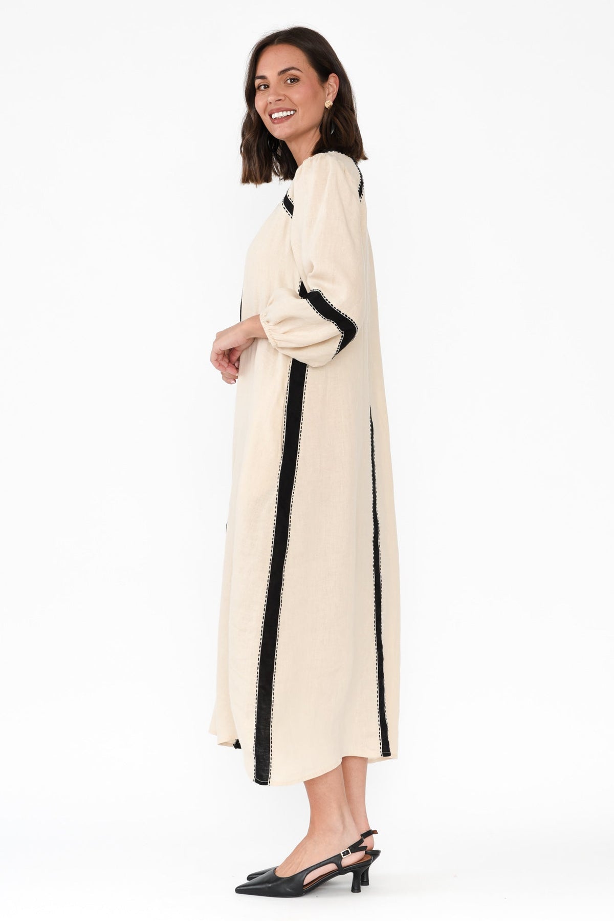 Carolina Cream Contrast Linen Tie Dress Back View