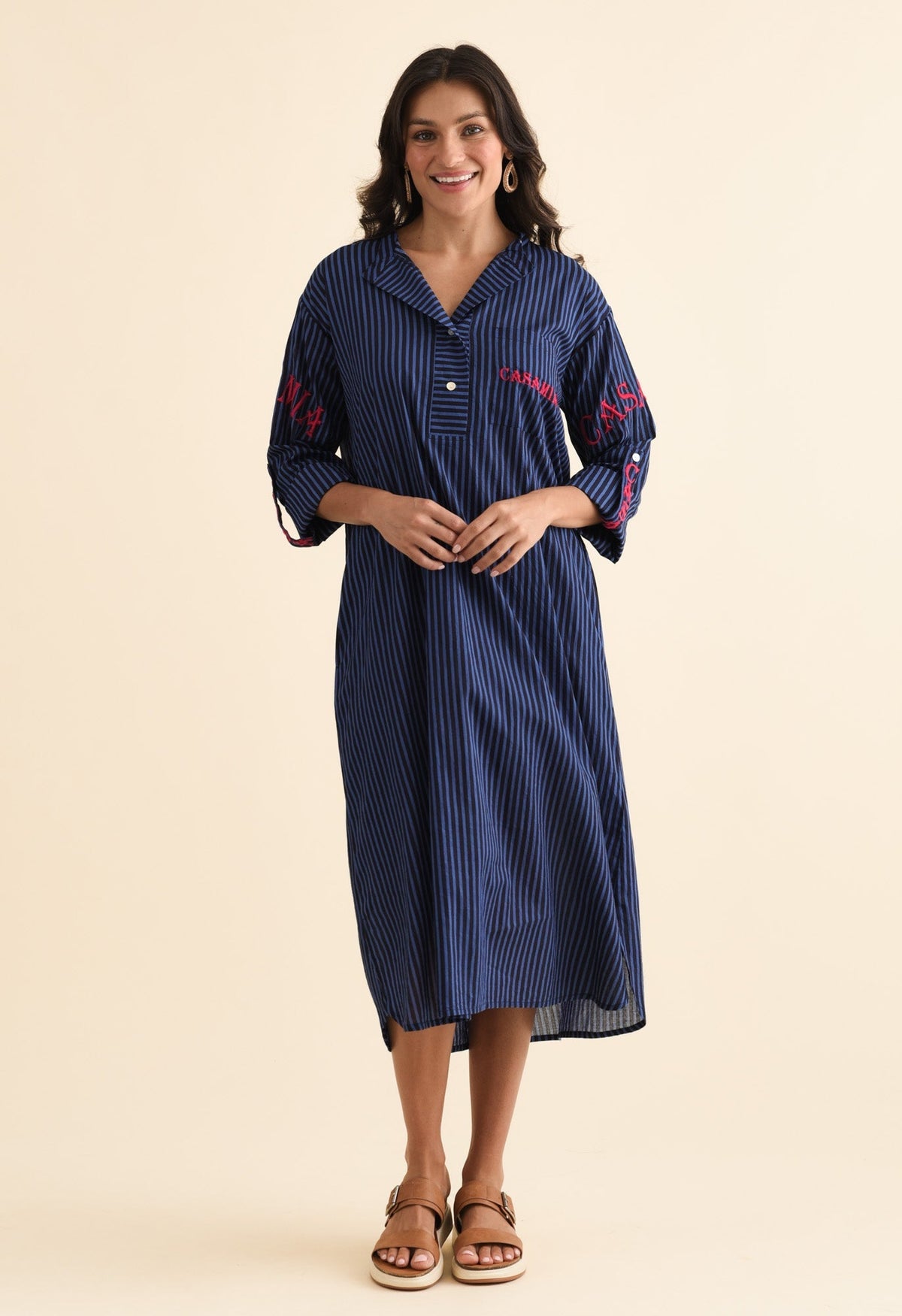 Casa Blue Stripe Cotton Dress Back View 2