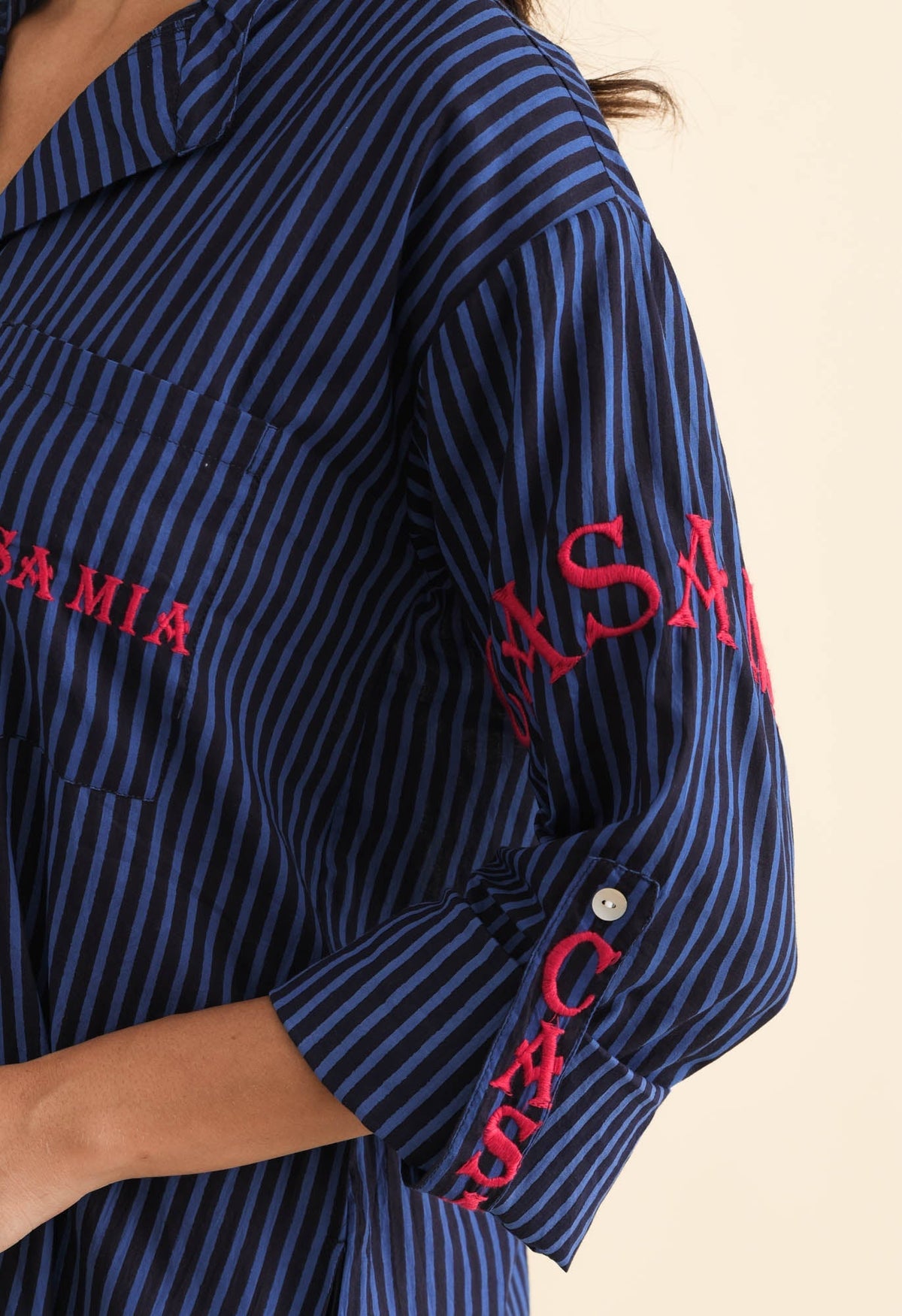 Casa Blue Stripe Cotton Dress Detail View