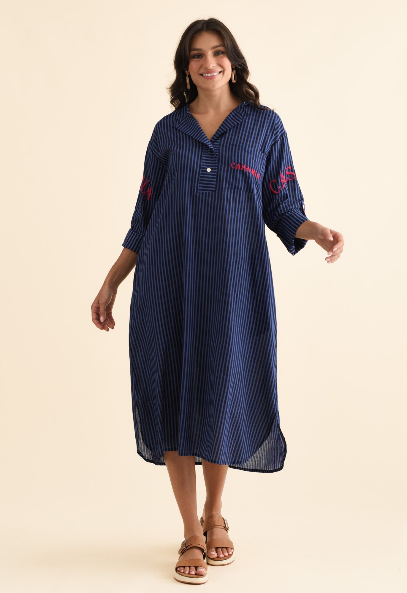 Casa Blue Stripe Cotton Dress Front View 2