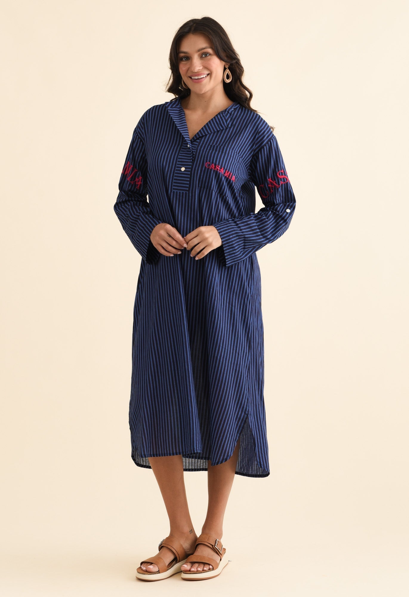 Casa Blue Stripe Cotton Dress Front View