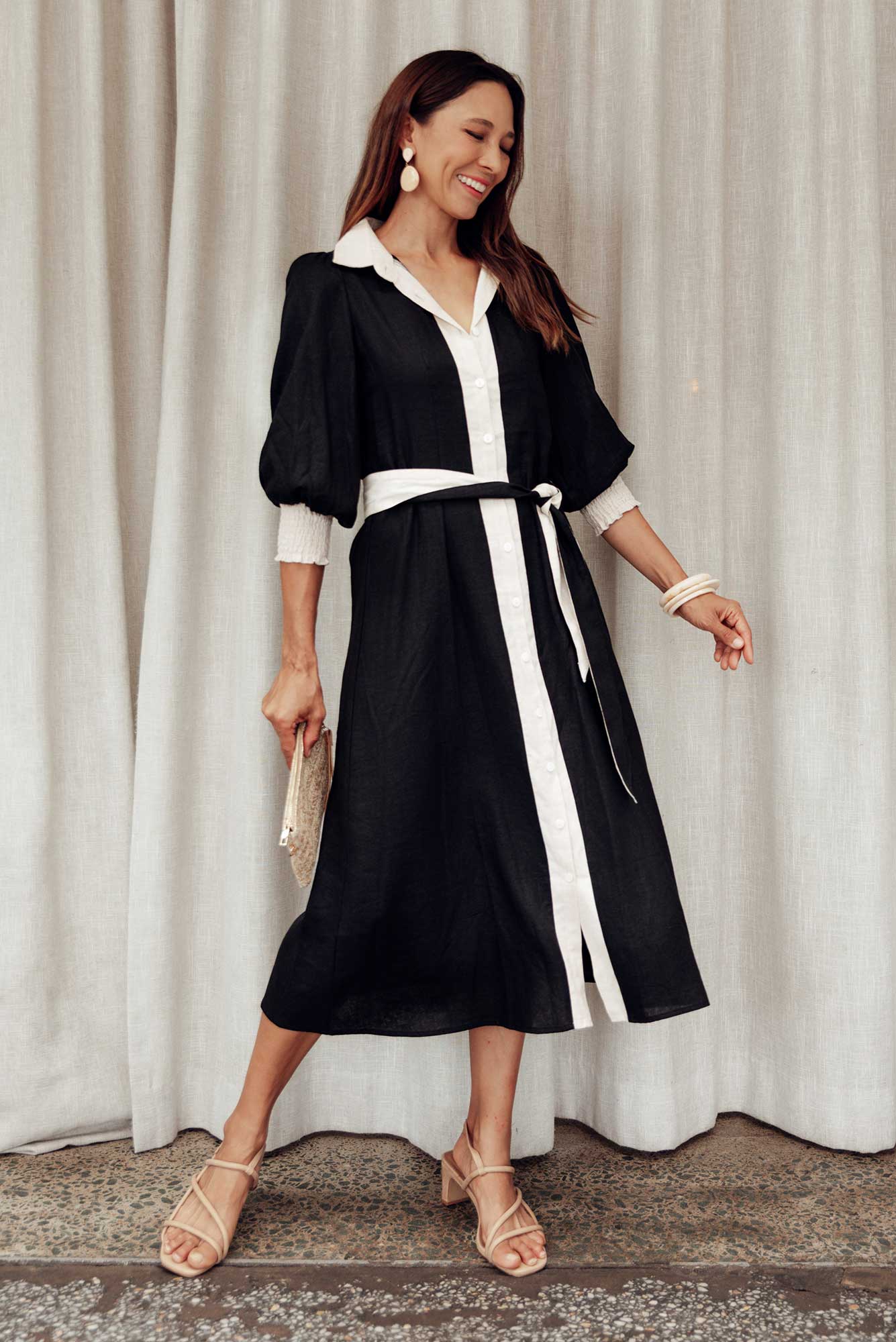 Catalina Black Trim Linen Blend Tie Dress Front View 2