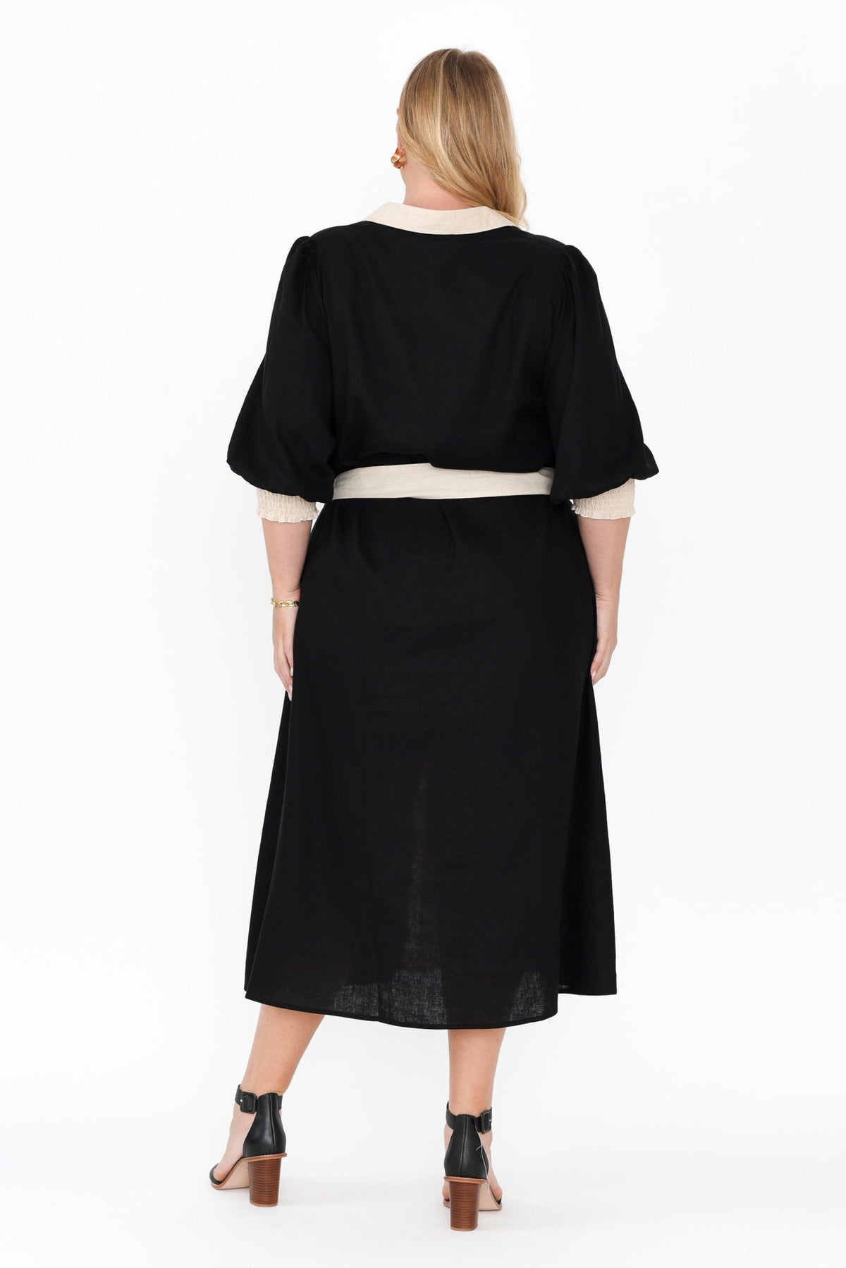 Catalina Black Trim Linen Blend Tie Dress Styled View 2