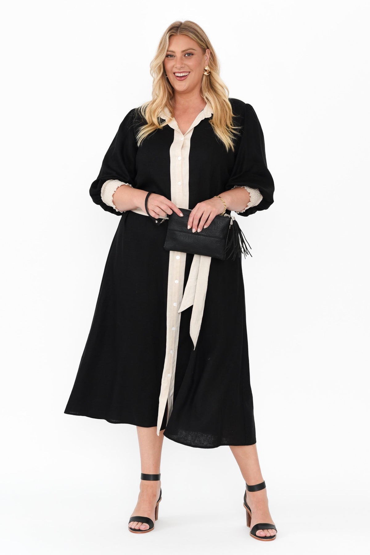 Catalina Black Trim Linen Blend Tie Dress Side View 2