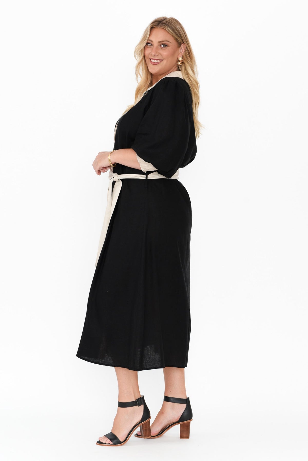 Catalina Black Trim Linen Blend Tie Dress Detail View 2