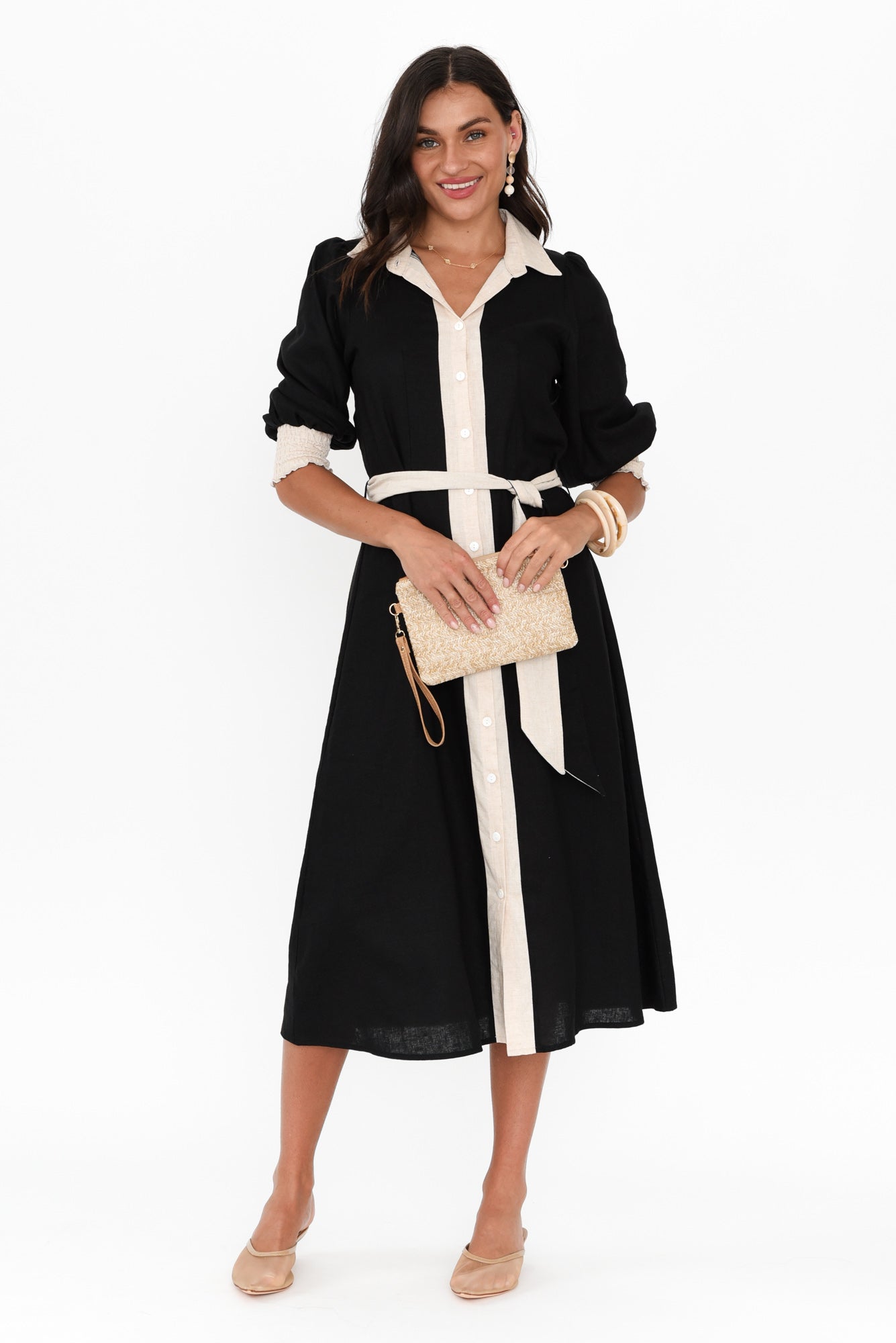 Catalina Black Trim Linen Blend Tie Dress Front View