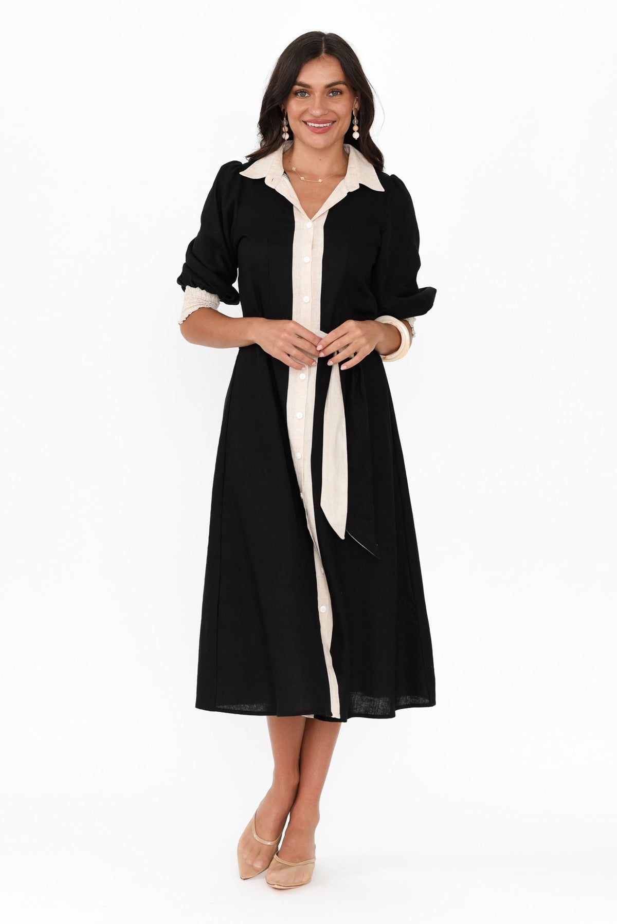 Catalina Black Trim Linen Blend Tie Dress Back View 2