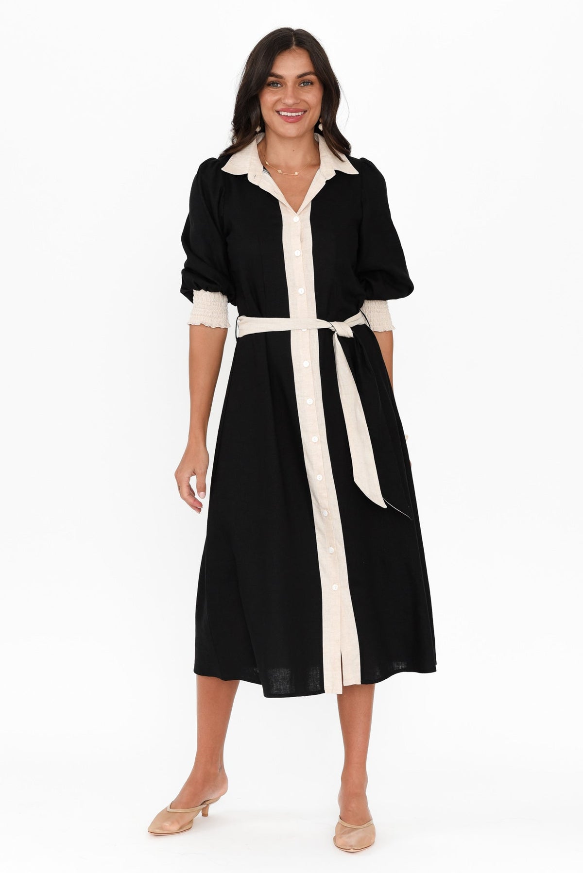 Catalina Black Trim Linen Blend Tie Dress Back View