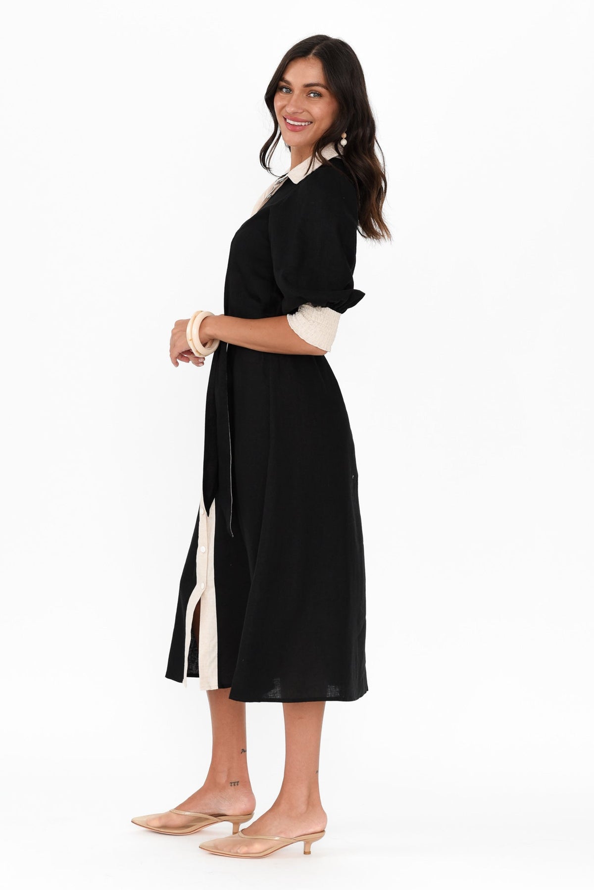 Catalina Black Trim Linen Blend Tie Dress Side View