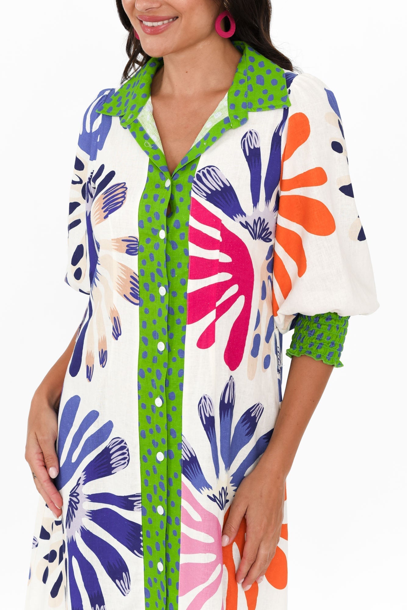 Catalina Cream Abstract Linen Blend Tie Dress Full Length View