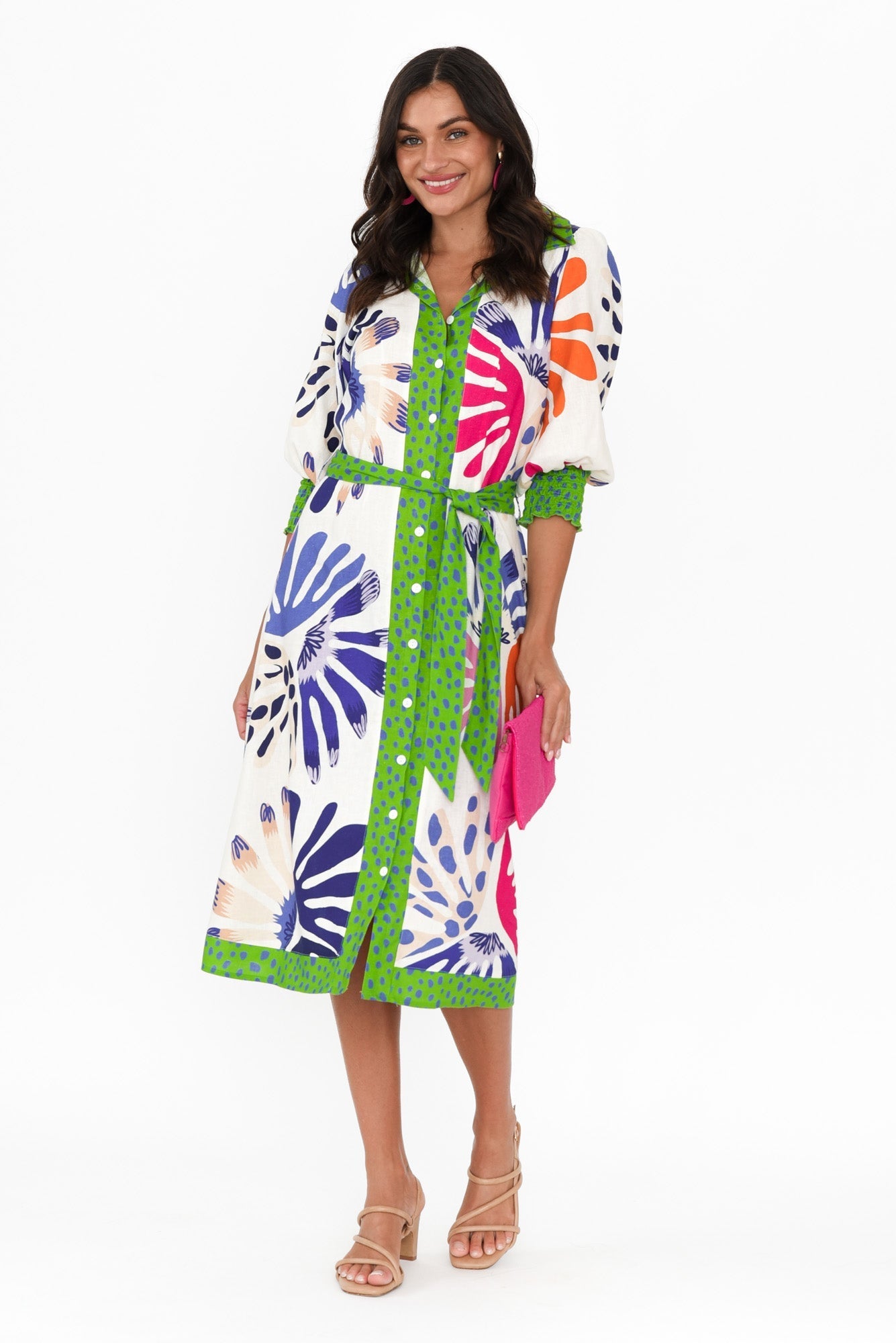 Catalina Cream Abstract Linen Blend Tie Dress Front View