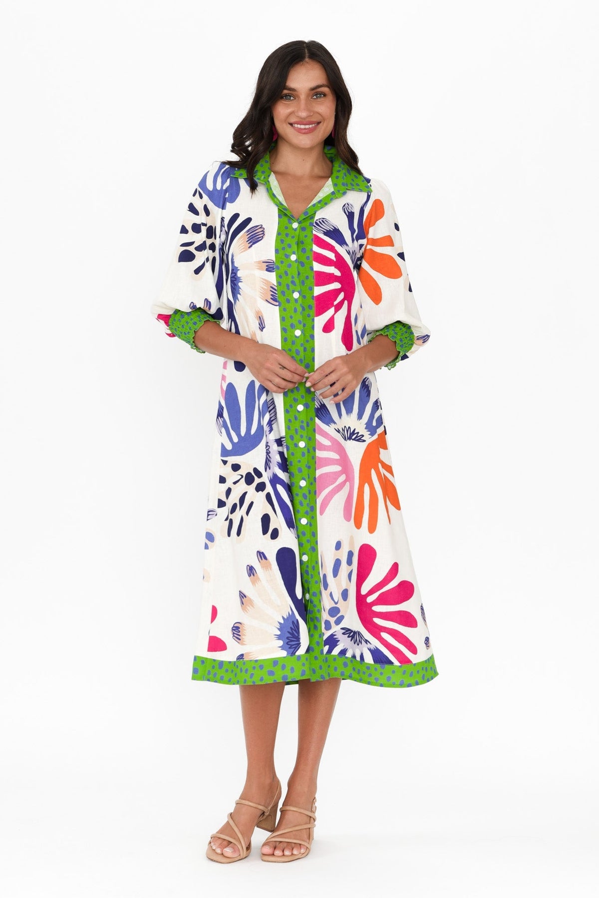 Catalina Cream Abstract Linen Blend Tie Dress Back View 2